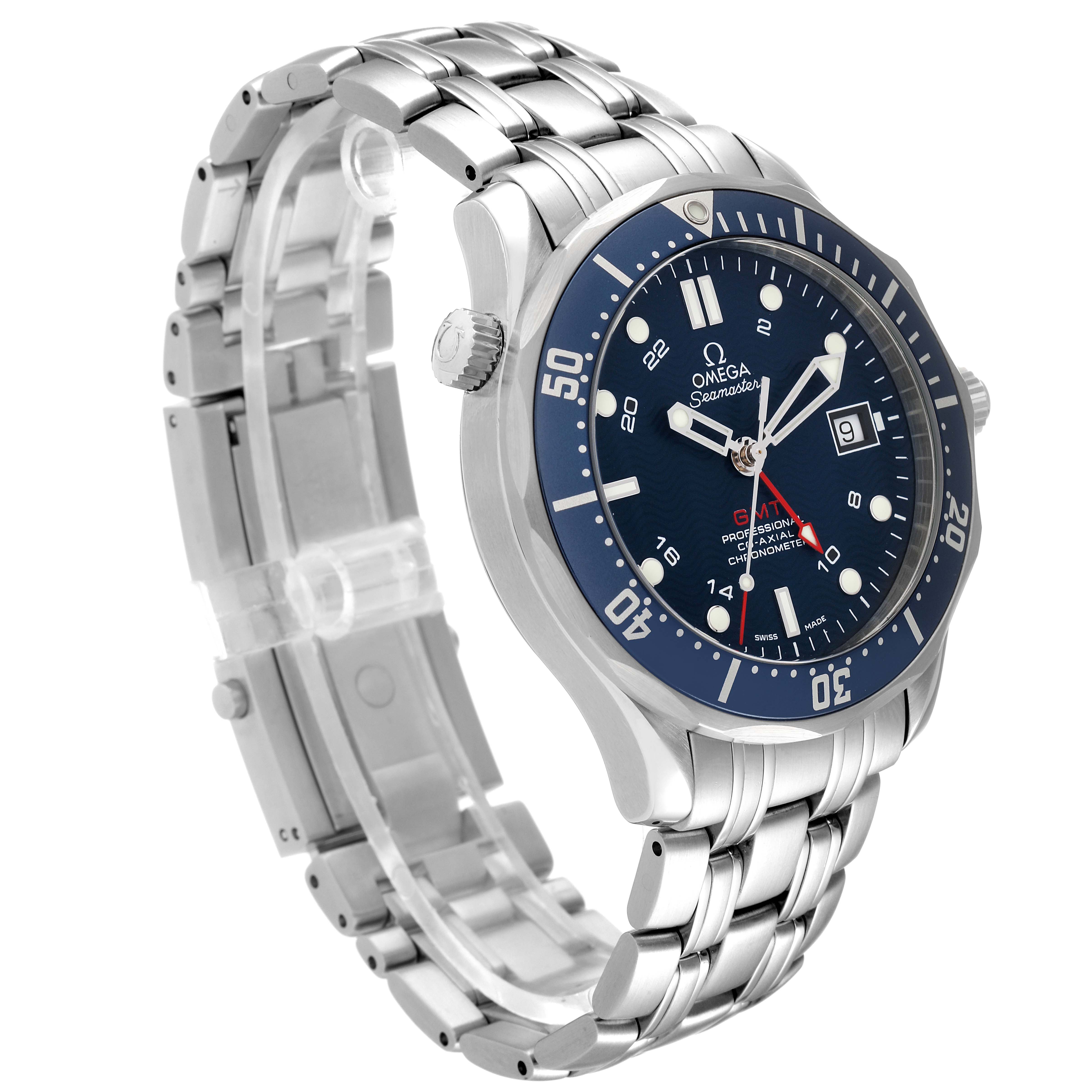 The Omega Seamaster 2535.80.00 Men's Stainless Steel Blue Dial 2535.80.00 Men's Stainless Steel Blue Dial watch is shown at an angle highlighting the face, bezel, and stainless steel bracelet.