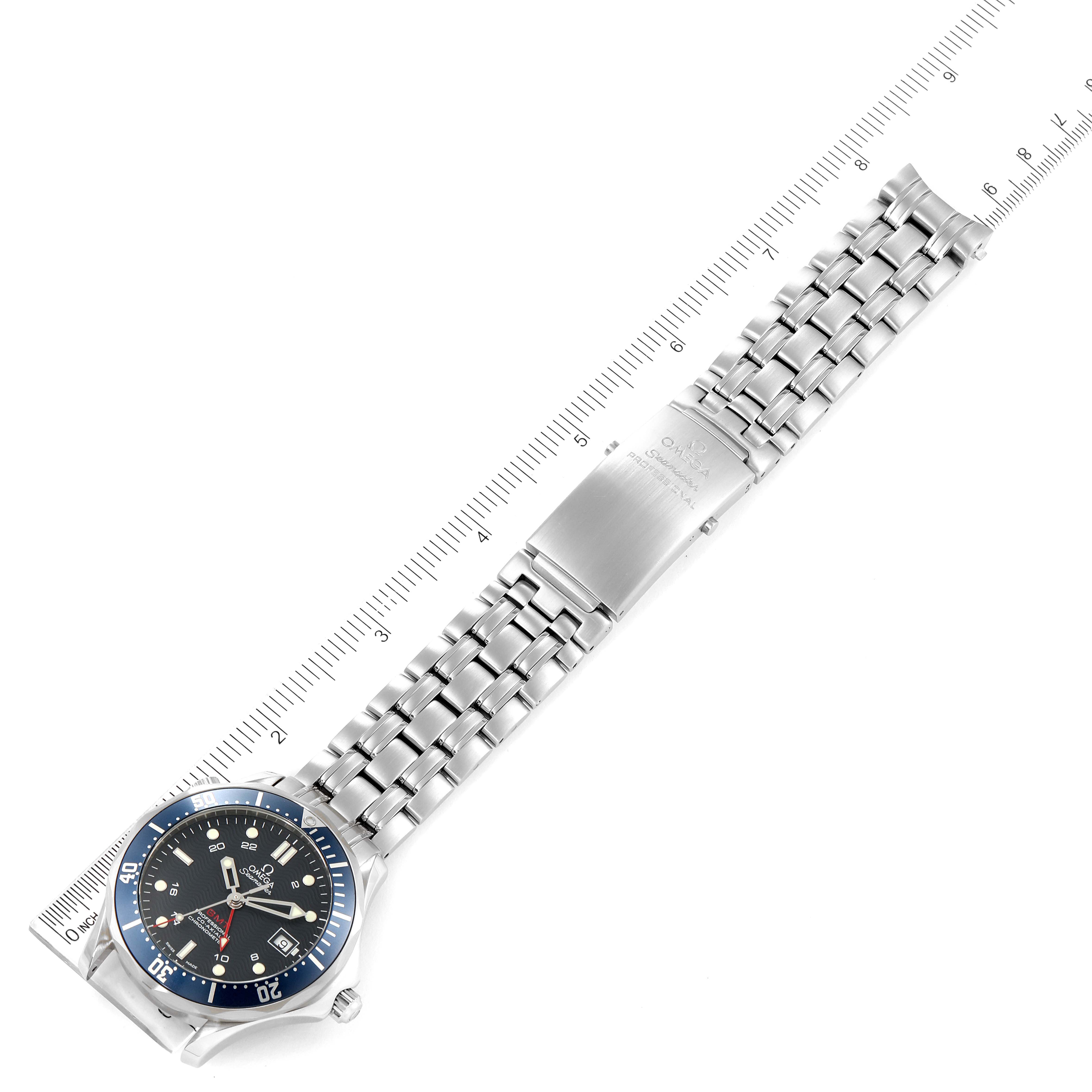 The image shows an Omega Seamaster 2535.80.00 Men's Stainless Steel Blue Dial 2535.80.00 Men's Stainless Steel Blue Dial watch from a top-down angle, displaying the face, bezel, bracelet, and clasp.