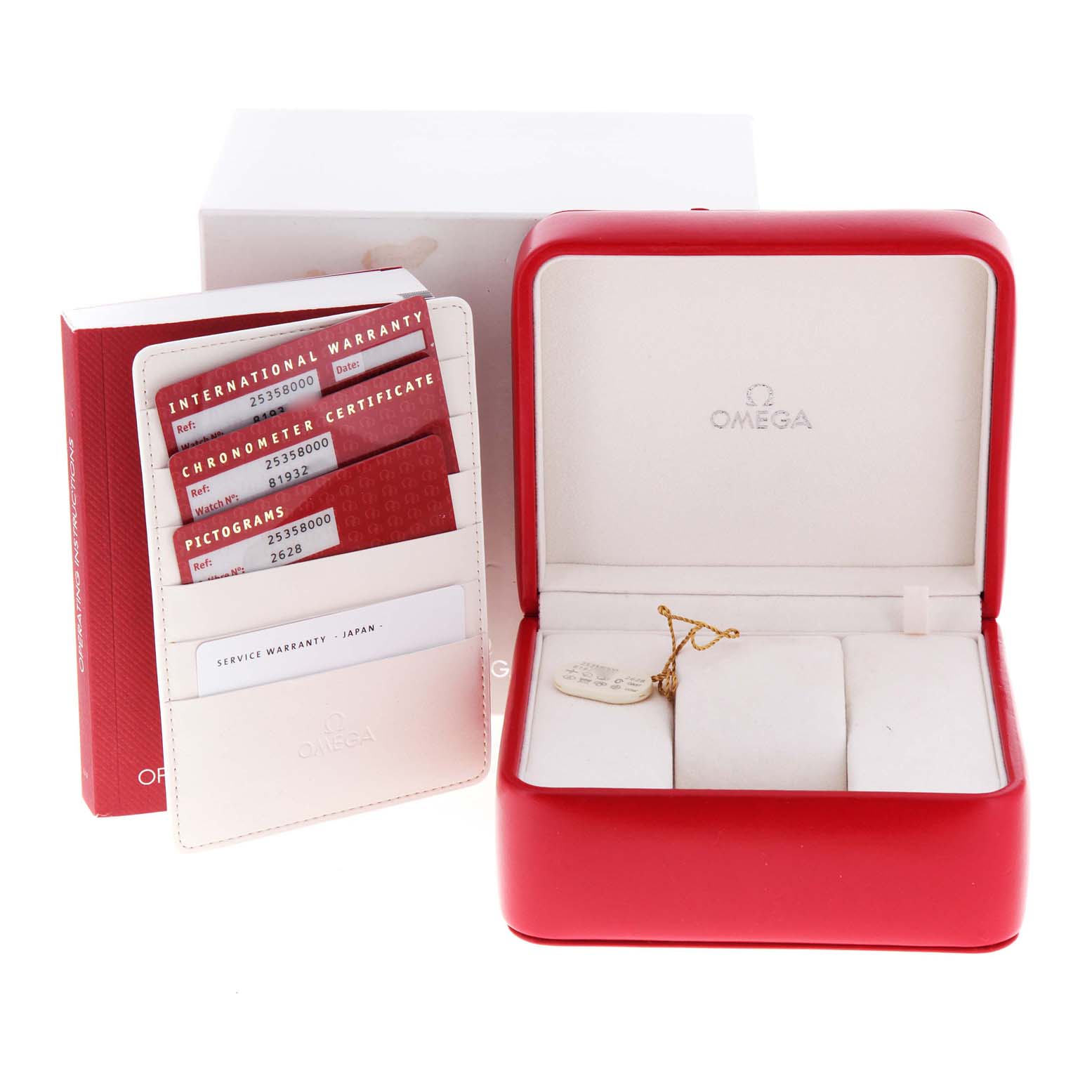 The image shows an Omega Seamaster 2535.80.00 Men's Stainless Steel Blue Dial 2535.80.00 Men's Stainless Steel Blue Dial watch box, warranty cards, certificates, and tags, viewed at a slight angle.