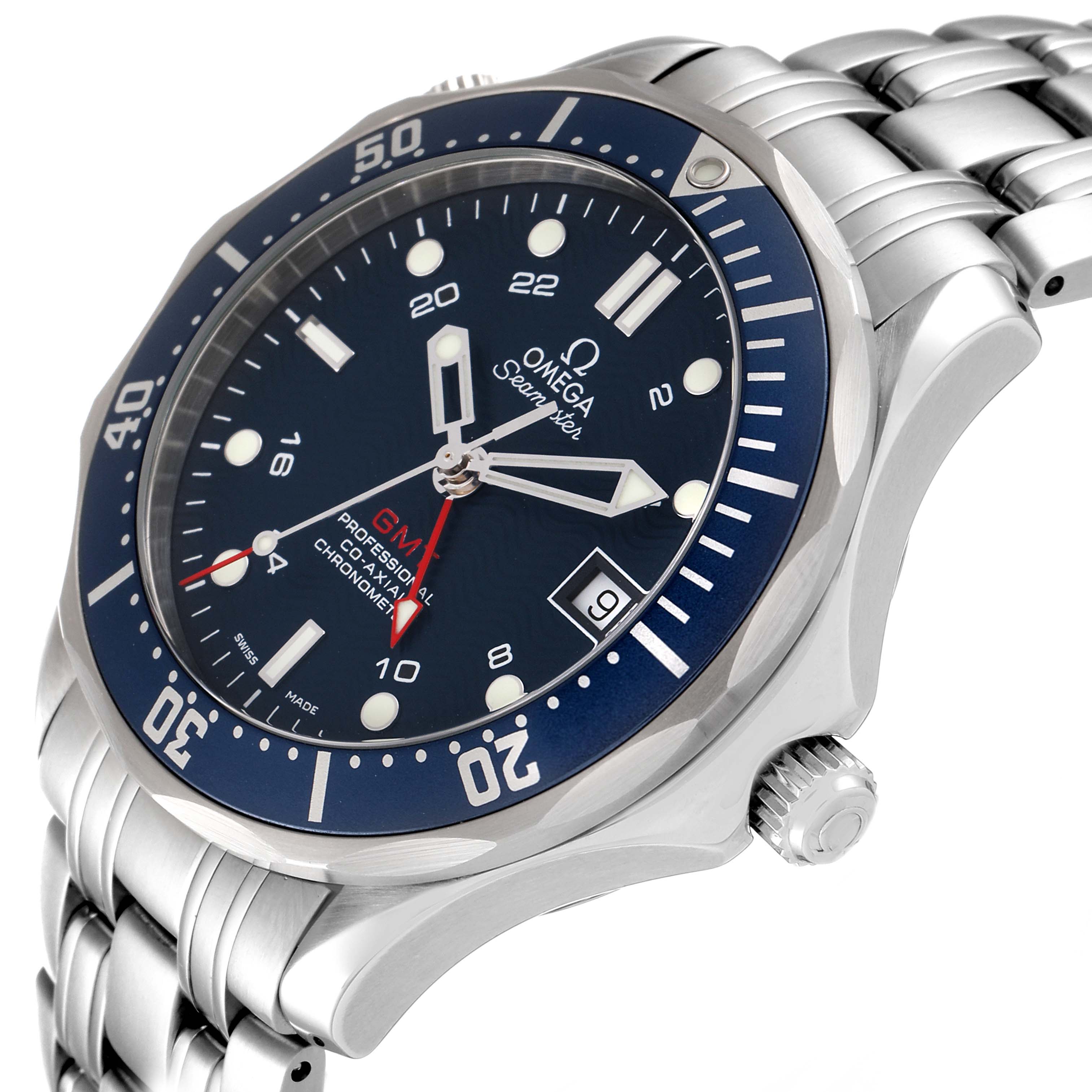 The image shows a side angle of the Omega Seamaster 2535.80.00 Men's Stainless Steel Blue Dial 2535.80.00 Men's Stainless Steel Blue Dial watch, highlighting the dial, bezel, crown, and part of the bracelet.