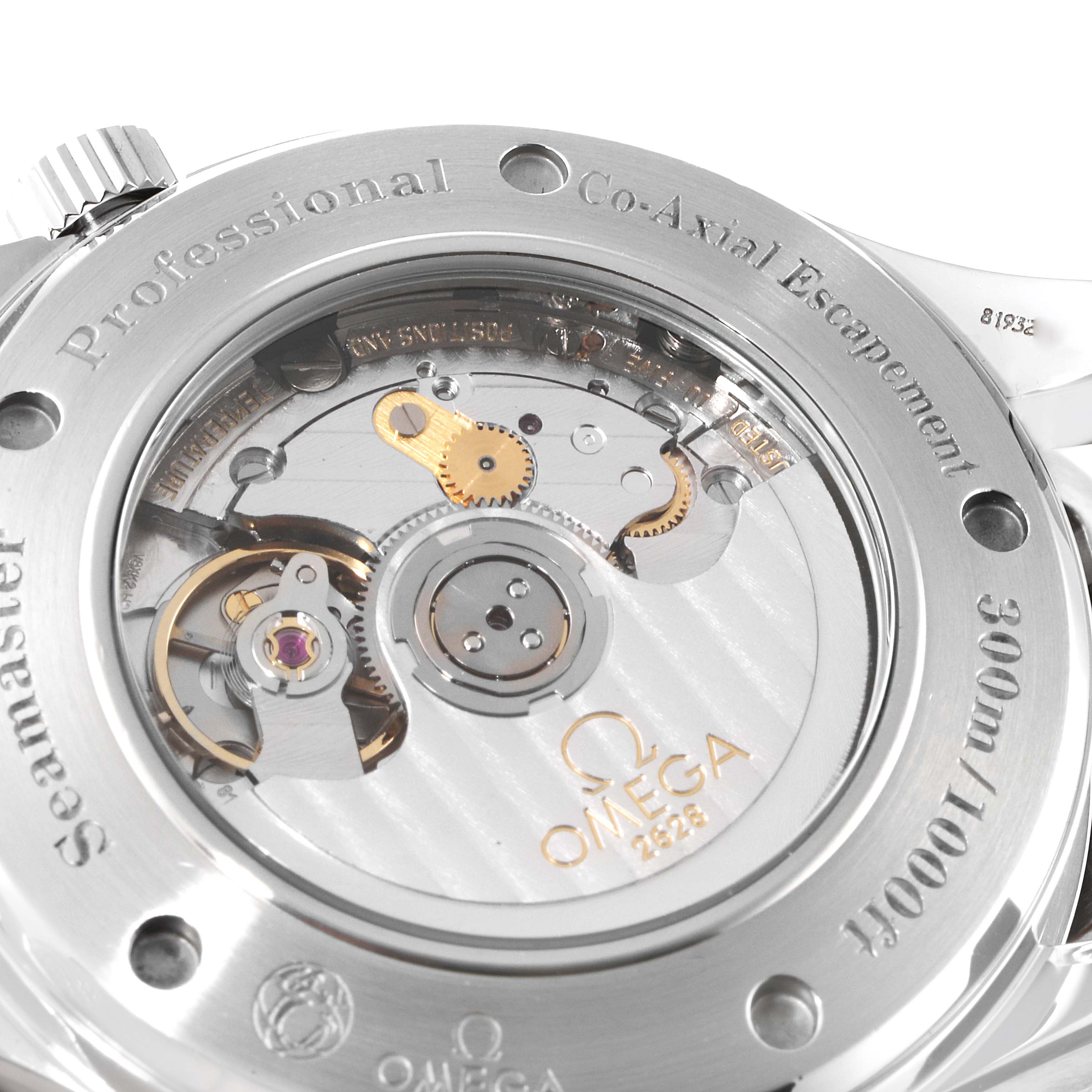 The image features the back of an Omega Seamaster 2535.80.00 Men's Stainless Steel Blue Dial 2535.80.00 Men's Stainless Steel Blue Dial watch, highlighting its internal mechanical components and engravings.