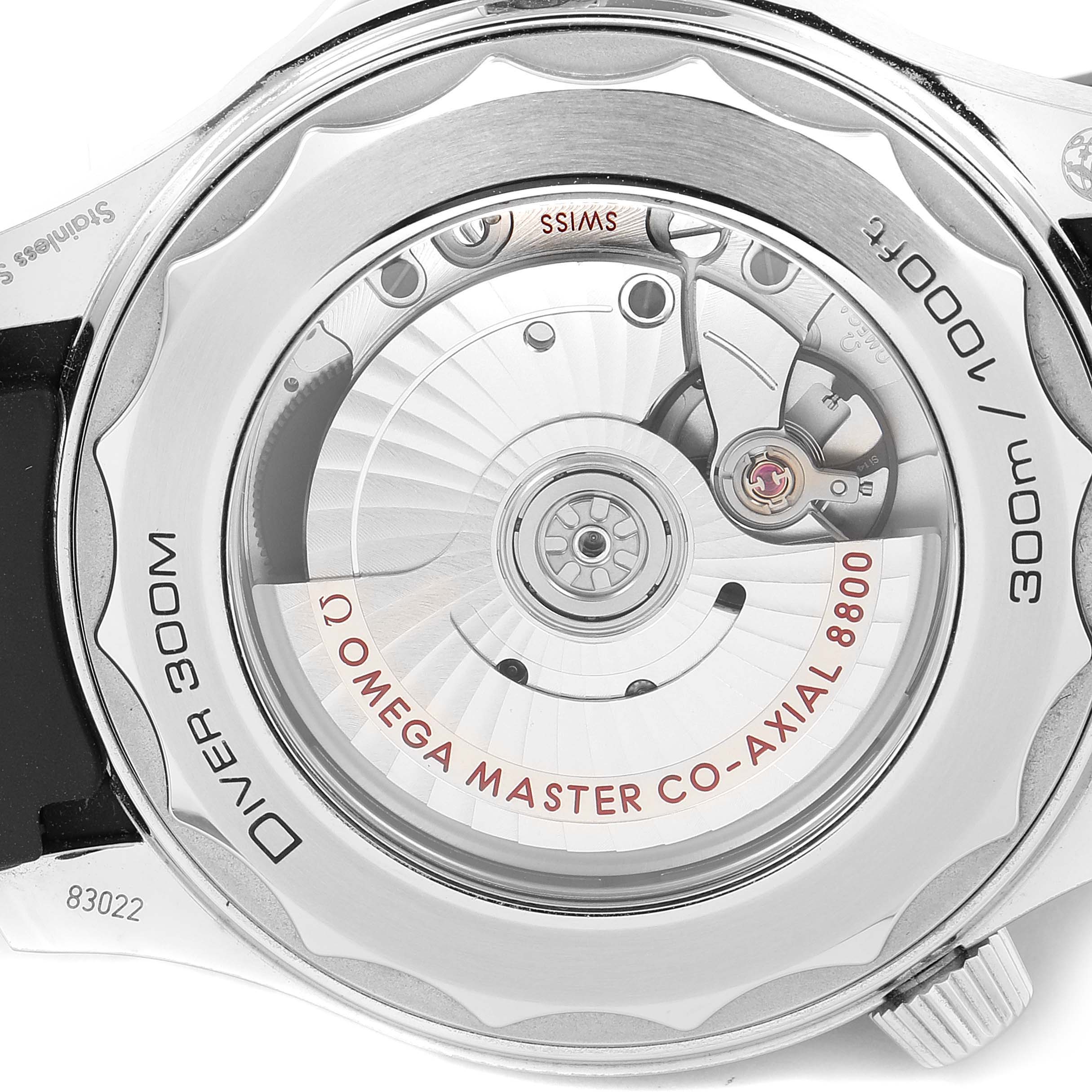 This image shows the back of an Omega Seamaster 210.32.42.20.04.001 Men's Stainless Steel White Dial 210.32.42.20.04.001 Men's Stainless Steel White Dial watch, highlighting its co-axial master chronometer movement.
