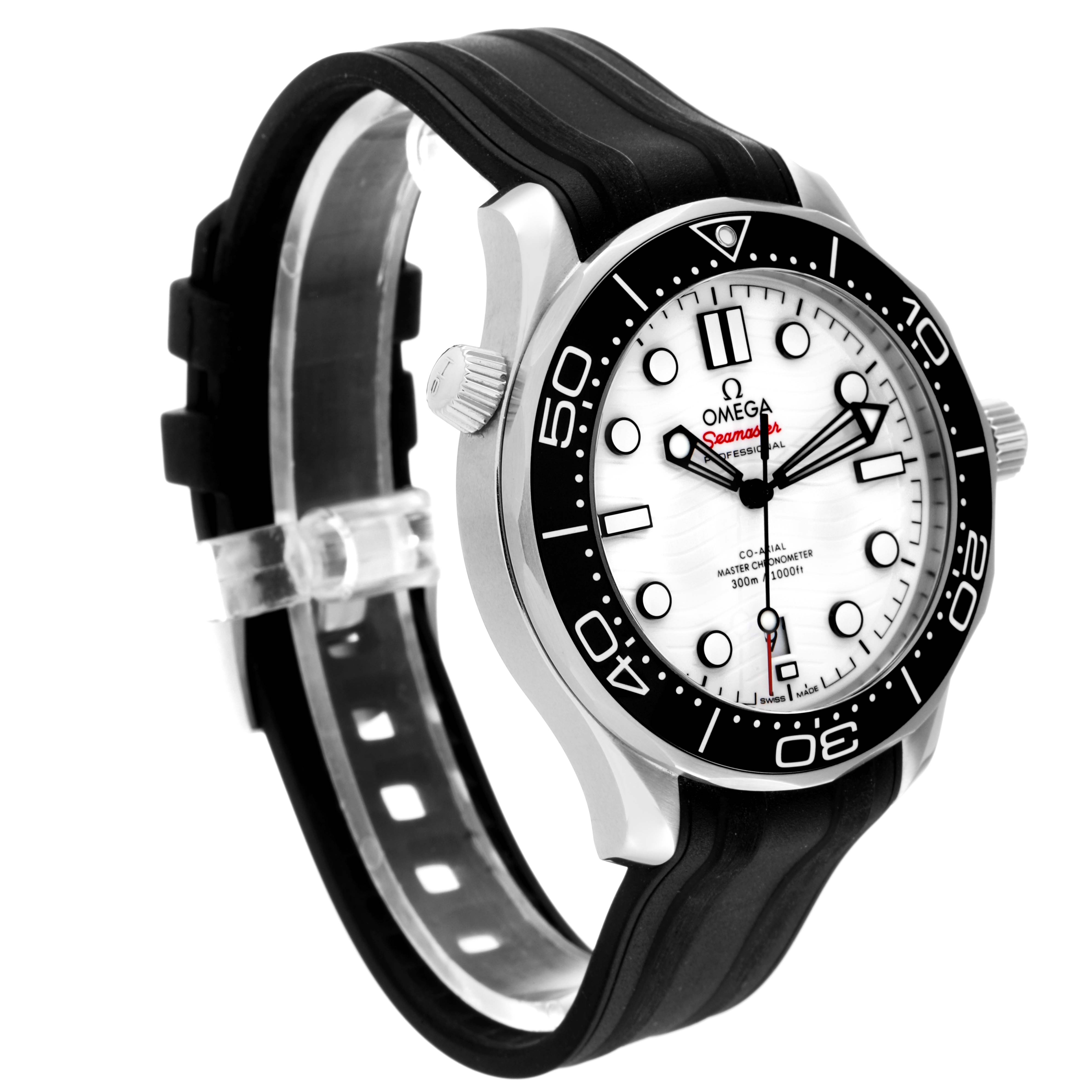 The image shows an angled view of an Omega Seamaster 210.32.42.20.04.001 Men's Stainless Steel White Dial 210.32.42.20.04.001 Men's Stainless Steel White Dial watch focusing on the dial, bezel, and black rubber strap.