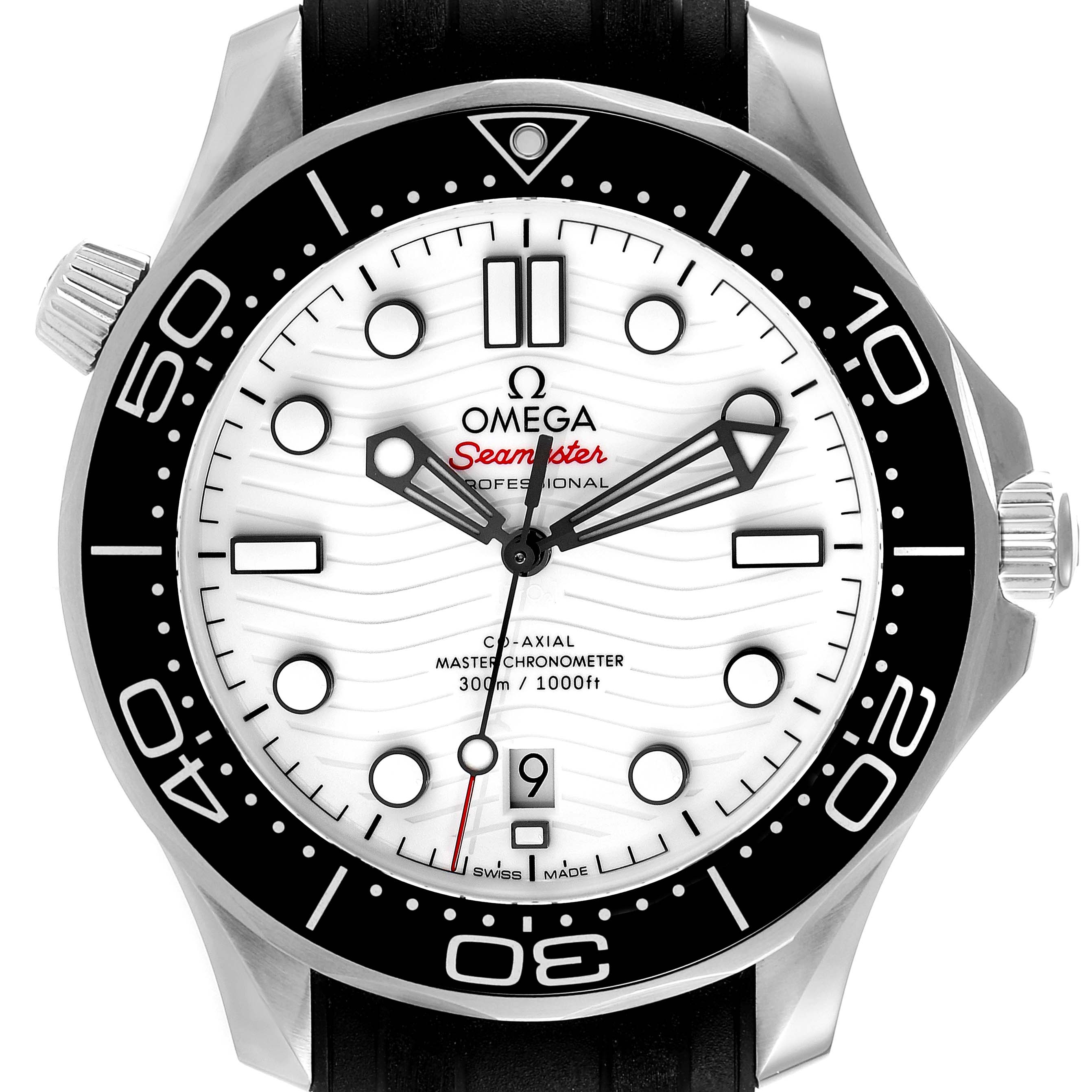 The image shows the front view of the Omega Seamaster 210.32.42.20.04.001 Men's Stainless Steel White Dial 210.32.42.20.04.001 Men's Stainless Steel White Dial watch, highlighting the dial, bezel, and hands.