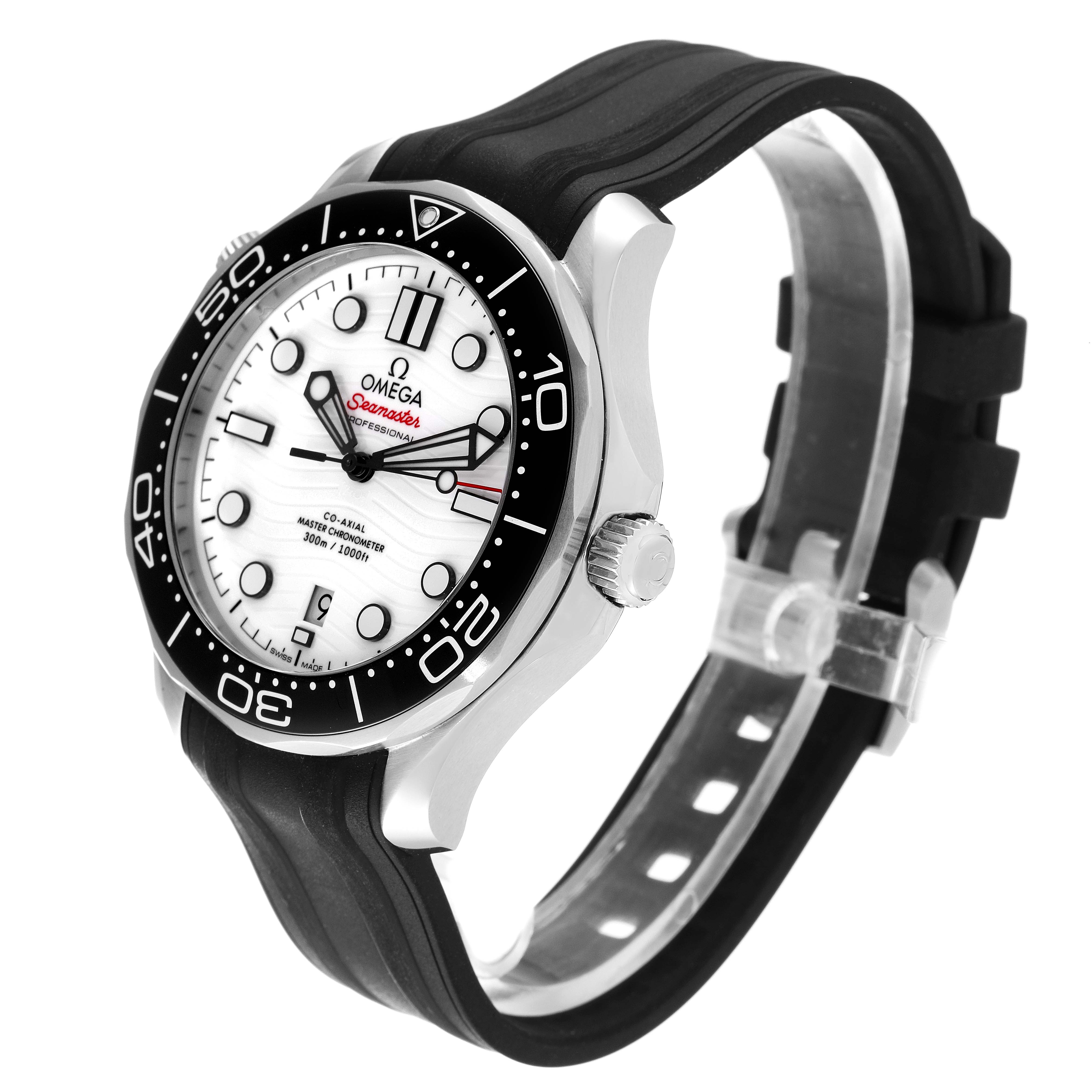 The image shows an Omega Seamaster 210.32.42.20.04.001 Men's Stainless Steel White Dial 210.32.42.20.04.001 Men's Stainless Steel White Dial watch at a three-quarter angle, displaying its face, bezel, case, and rubber strap.