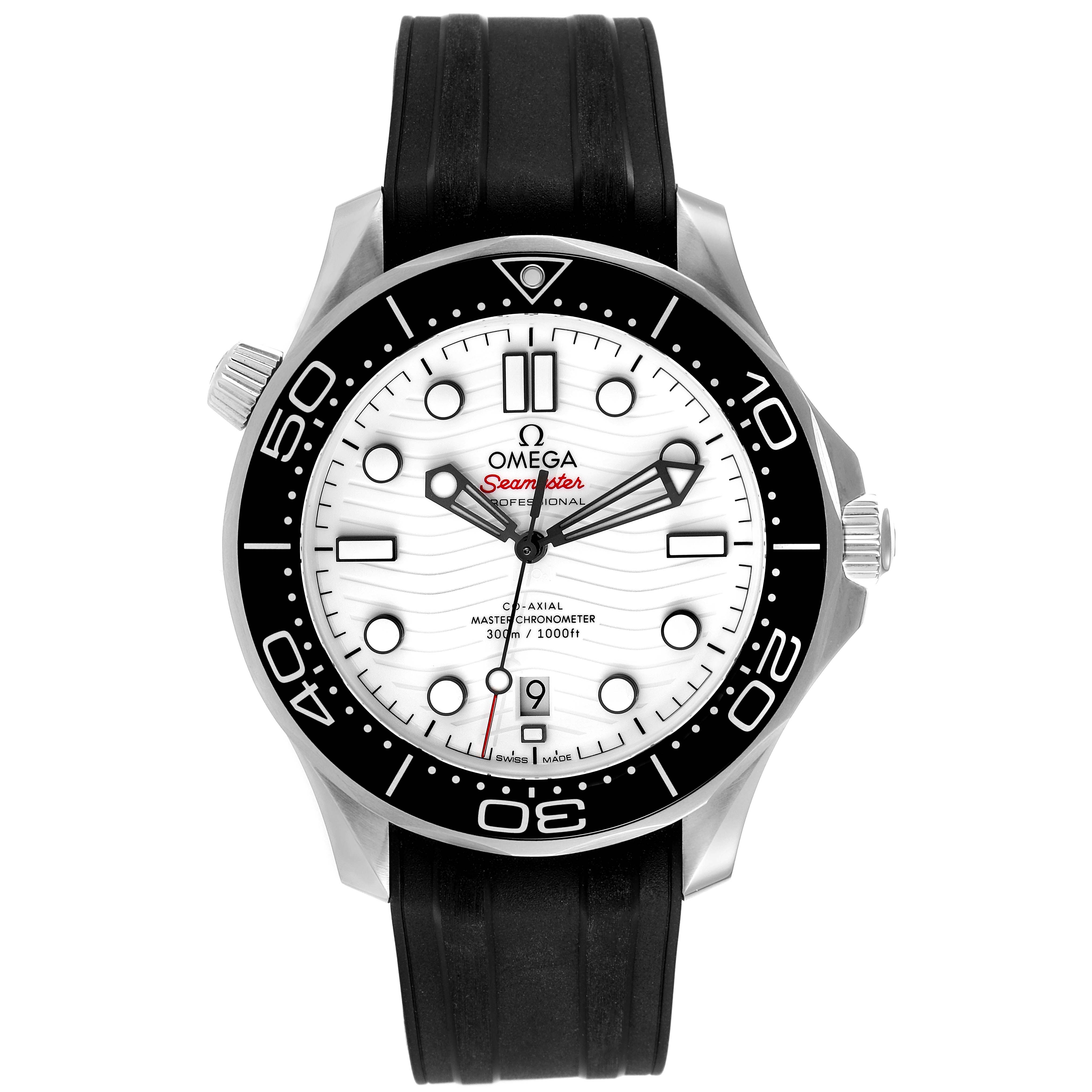 The image shows a front view of an Omega Seamaster 210.32.42.20.04.001 Men's Stainless Steel White Dial 210.32.42.20.04.001 Men's Stainless Steel White Dial watch with a white dial, black bezel, black strap, and visible date window.