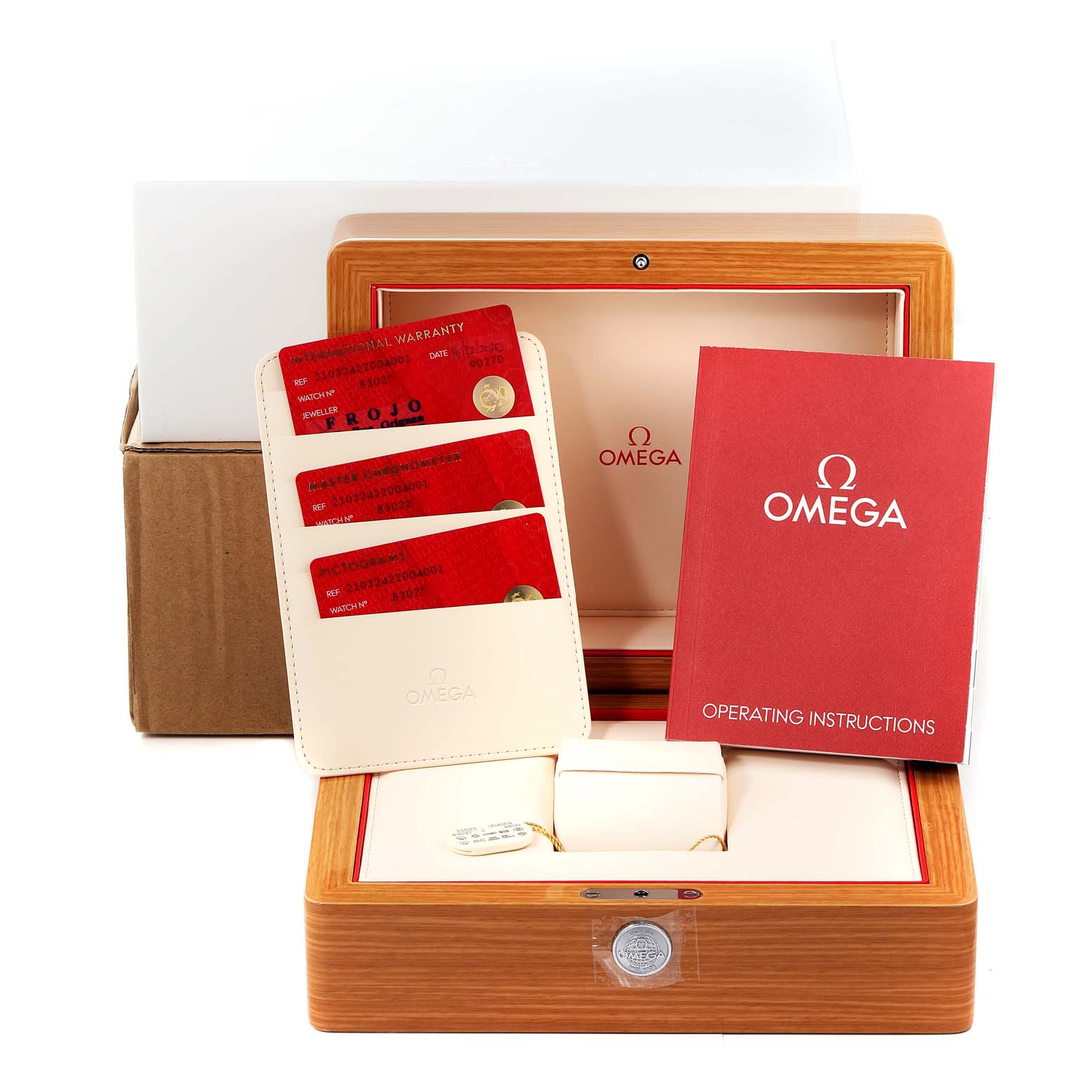 The image shows an Omega Seamaster 210.32.42.20.04.001 Men's Stainless Steel White Dial 210.32.42.20.04.001 Men's Stainless Steel White Dial watch box, warranty cards, operating instructions, and packaging materials.