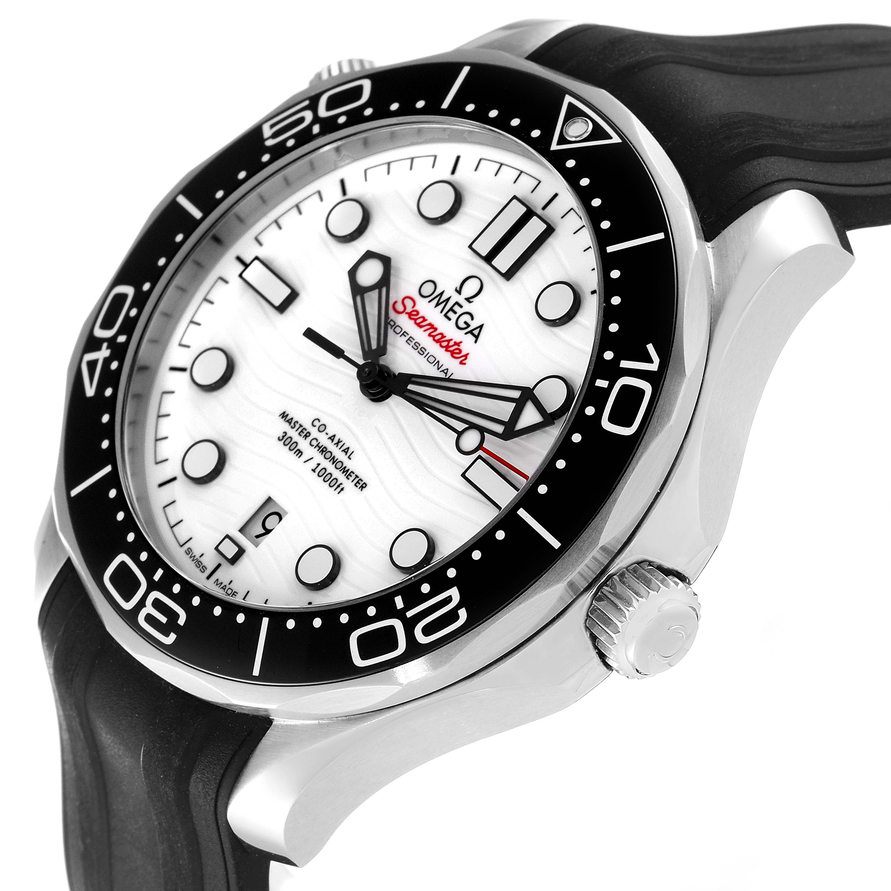 The Omega Seamaster 210.32.42.20.04.001 Men's Stainless Steel White Dial 210.32.42.20.04.001 Men's Stainless Steel White Dial watch is shown from a top-side angle, highlighting the dial, bezel, case, and crown.