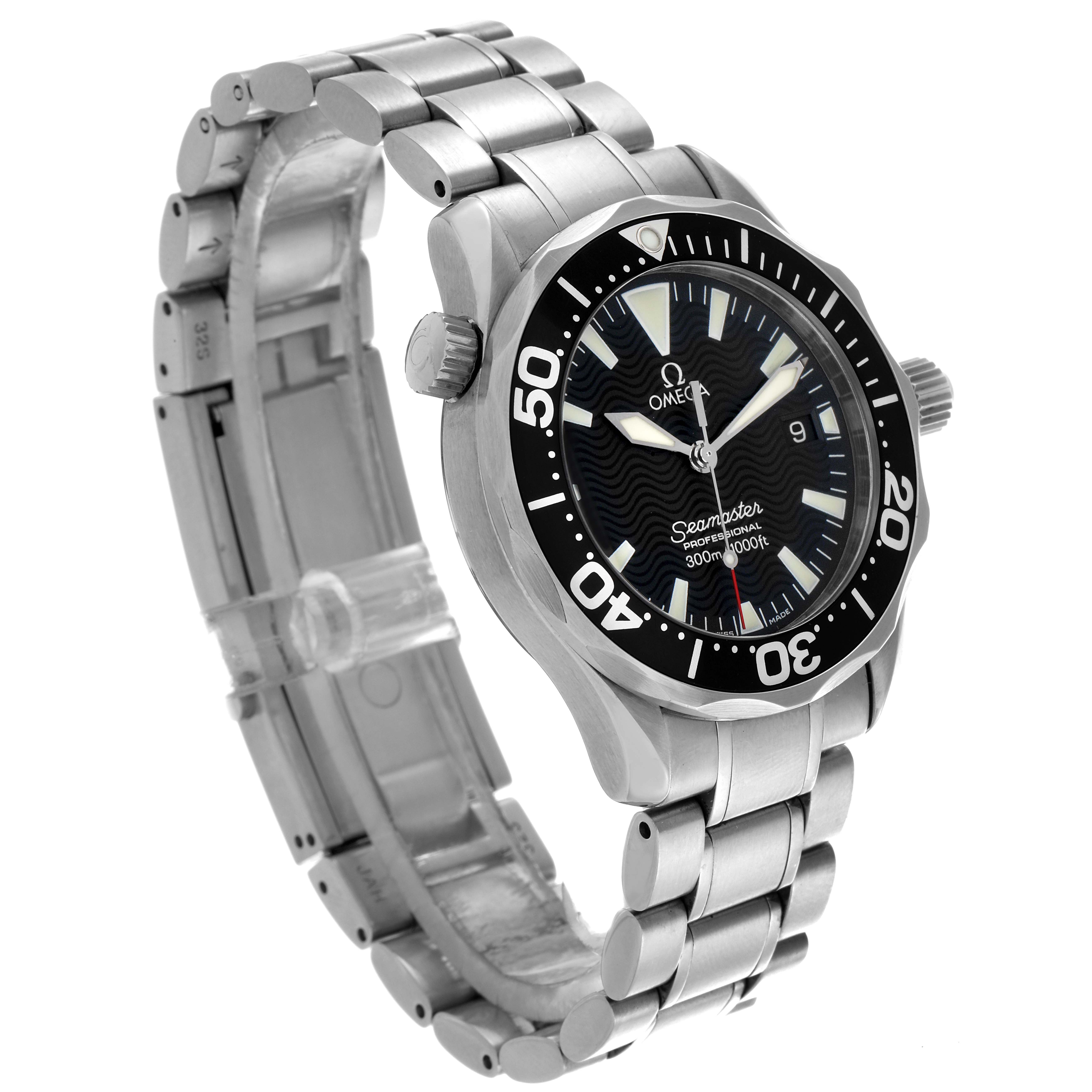 The Omega Seamaster 2262.50.00 Men
s Stainless Steel Black Dial 2262.50.00 Men
s Stainless Steel Black Dial watch is shown at a side angle, highlighting the face, bezel, bracelet, and crown.
