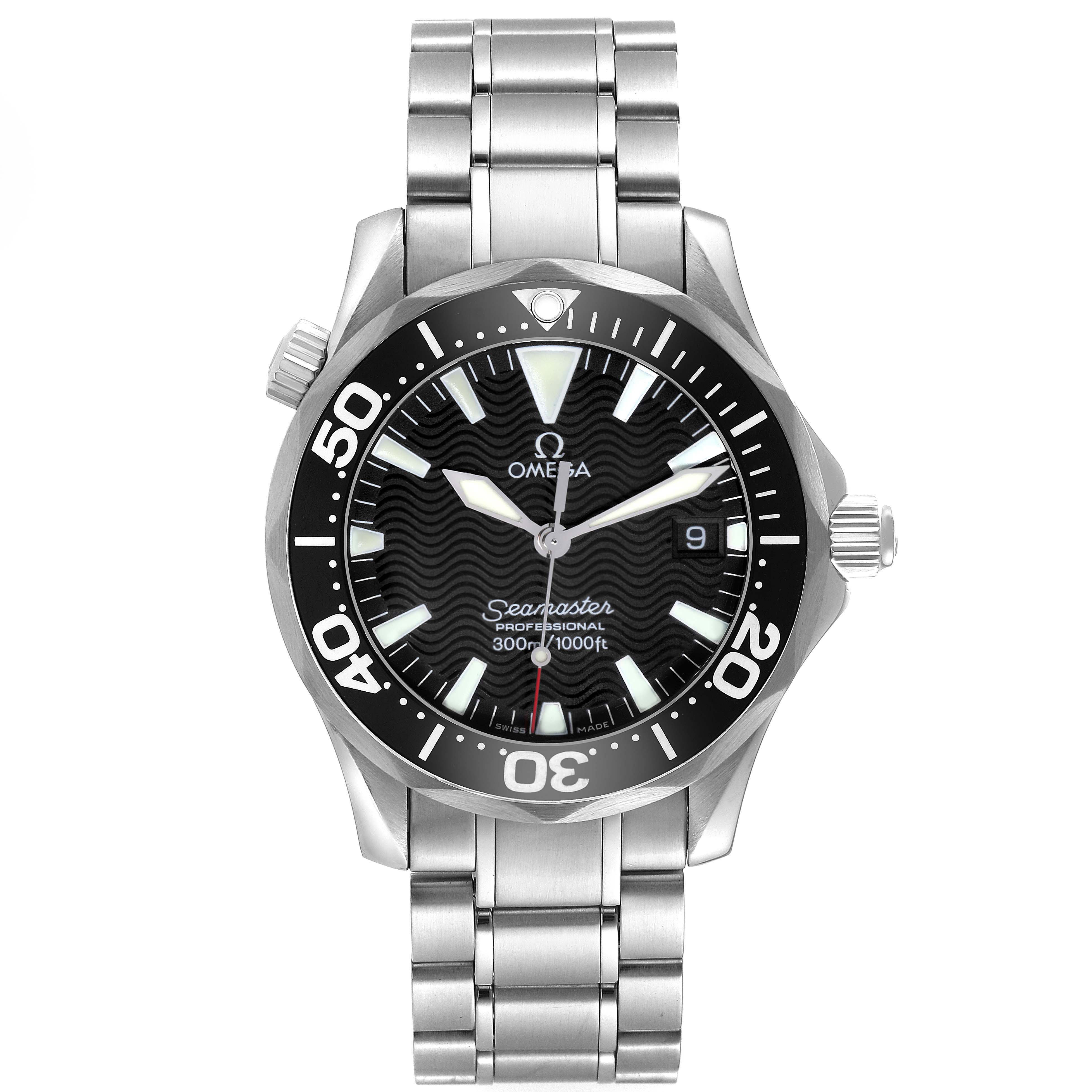 The Omega Seamaster 2262.50.00 Men
s Stainless Steel Black Dial 2262.50.00 Men
s Stainless Steel Black Dial watch is shown from a front angle, featuring its dial, stainless steel bracelet, crown, and bezel.