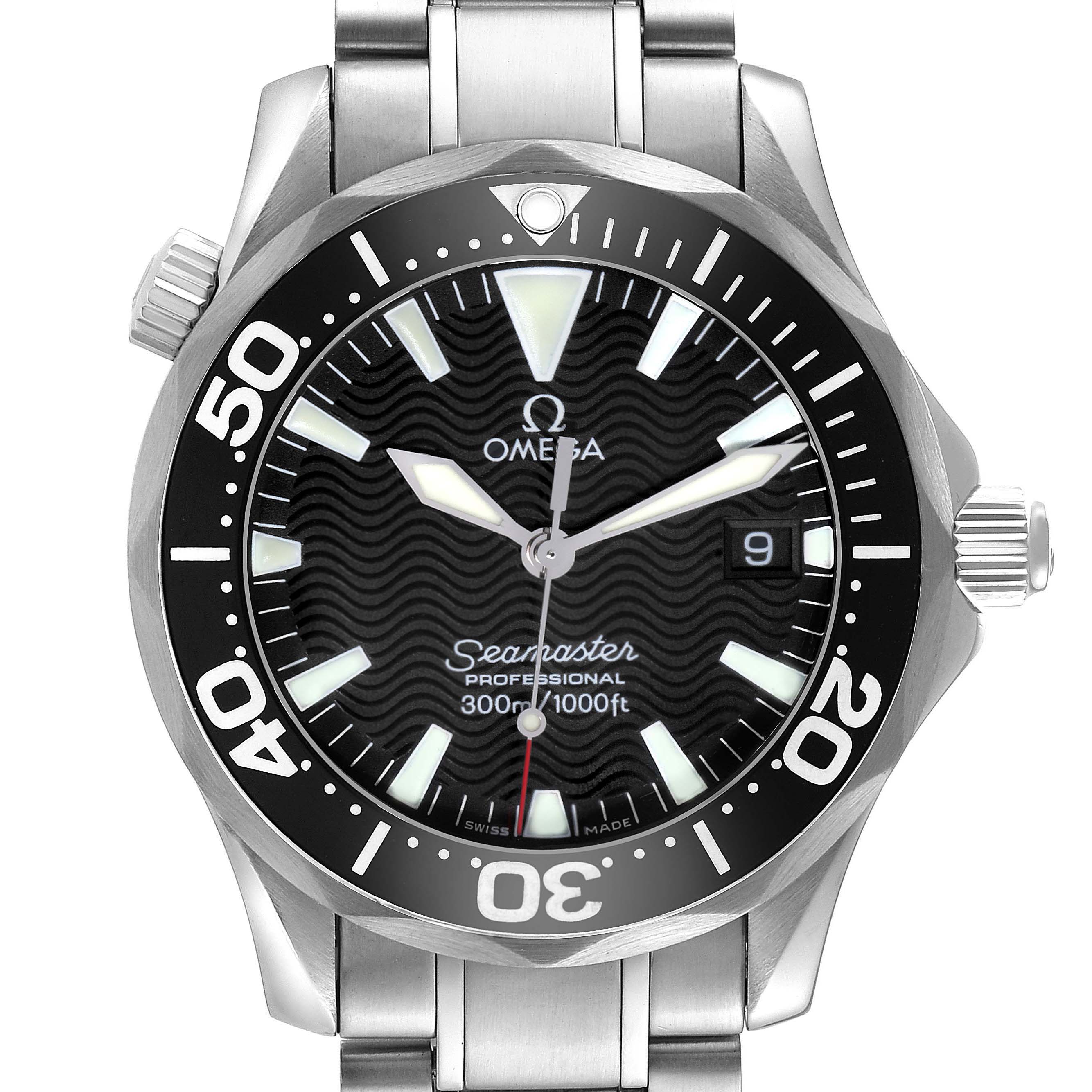 The Omega Seamaster 2262.50.00 Men
s Stainless Steel Black Dial 2262.50.00 Men
s Stainless Steel Black Dial watch is shown from the front, highlighting the dial, bezel, and bracelet.