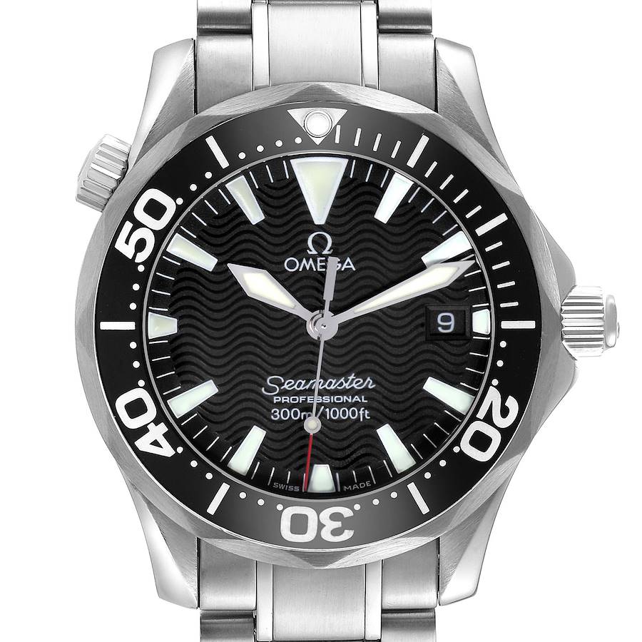 The Omega Seamaster watch is shown from the front, highlighting the dial, bezel, and bracelet.