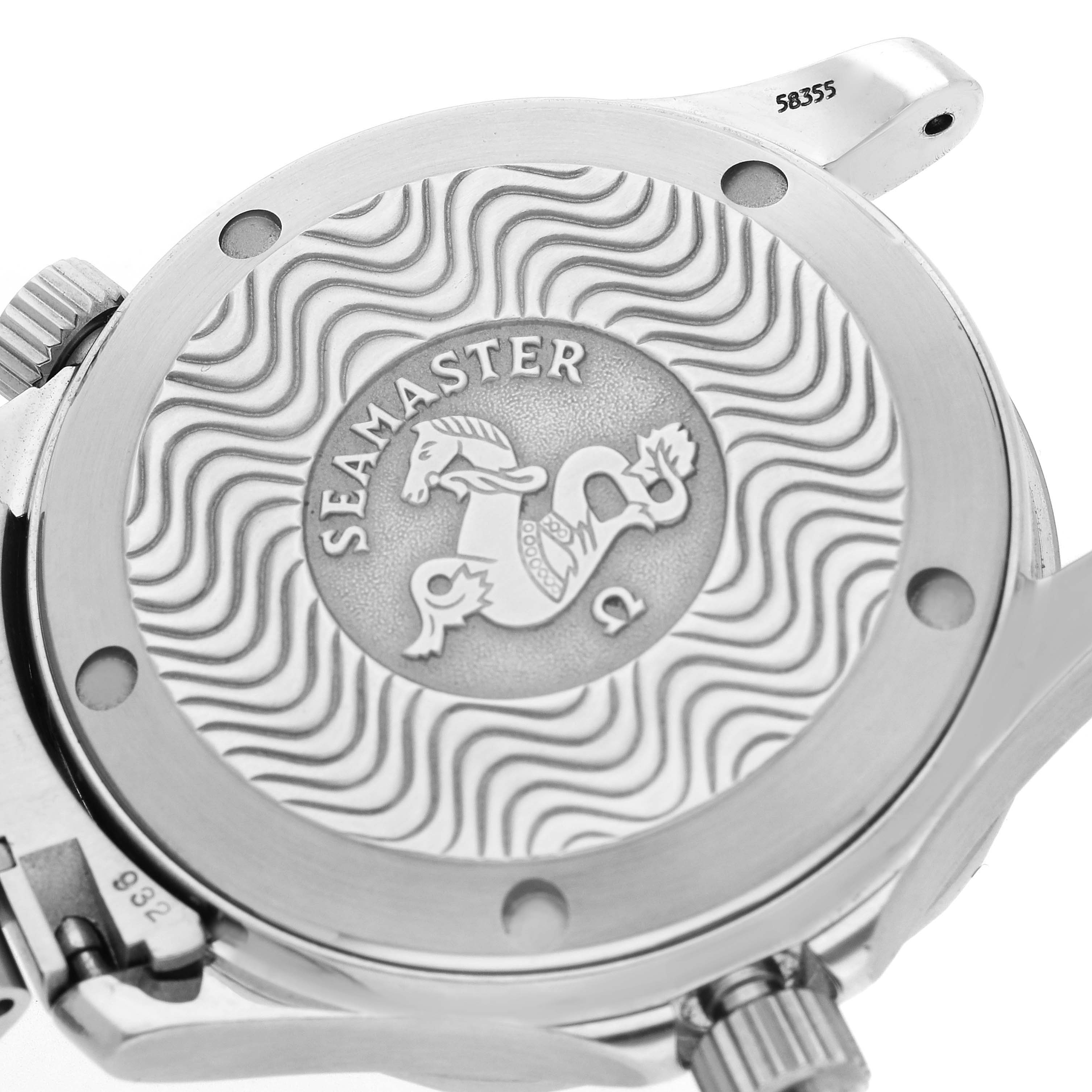 The image shows the case back of an Omega Seamaster 2262.50.00 Men
s Stainless Steel Black Dial 2262.50.00 Men
s Stainless Steel Black Dial watch with its engraved emblem and wavy pattern.