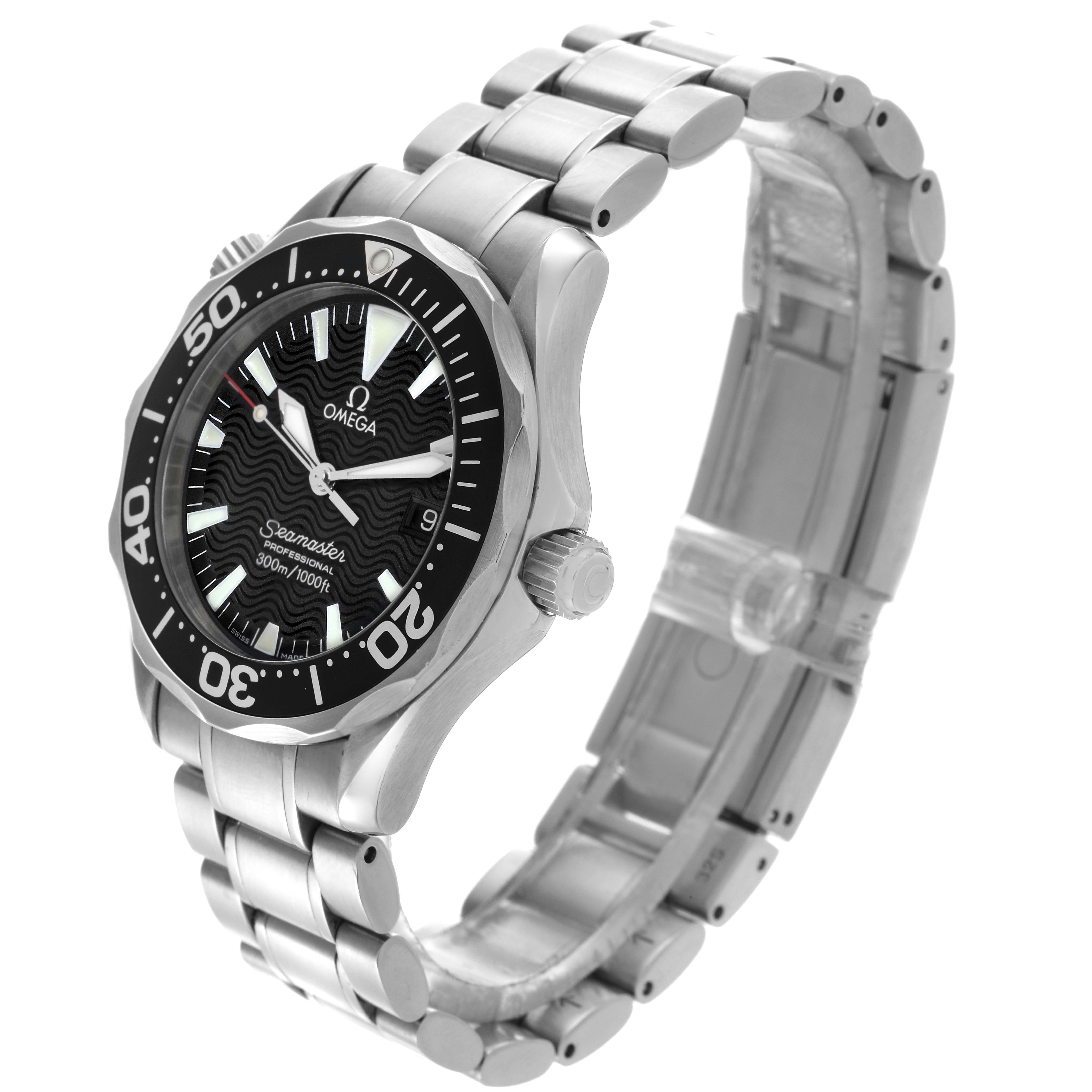 The Omega Seamaster 2262.50.00 Men
s Stainless Steel Black Dial 2262.50.00 Men
s Stainless Steel Black Dial watch is shown at a three-quarter angle, highlighting the face, bezel, crown, and stainless steel bracelet.