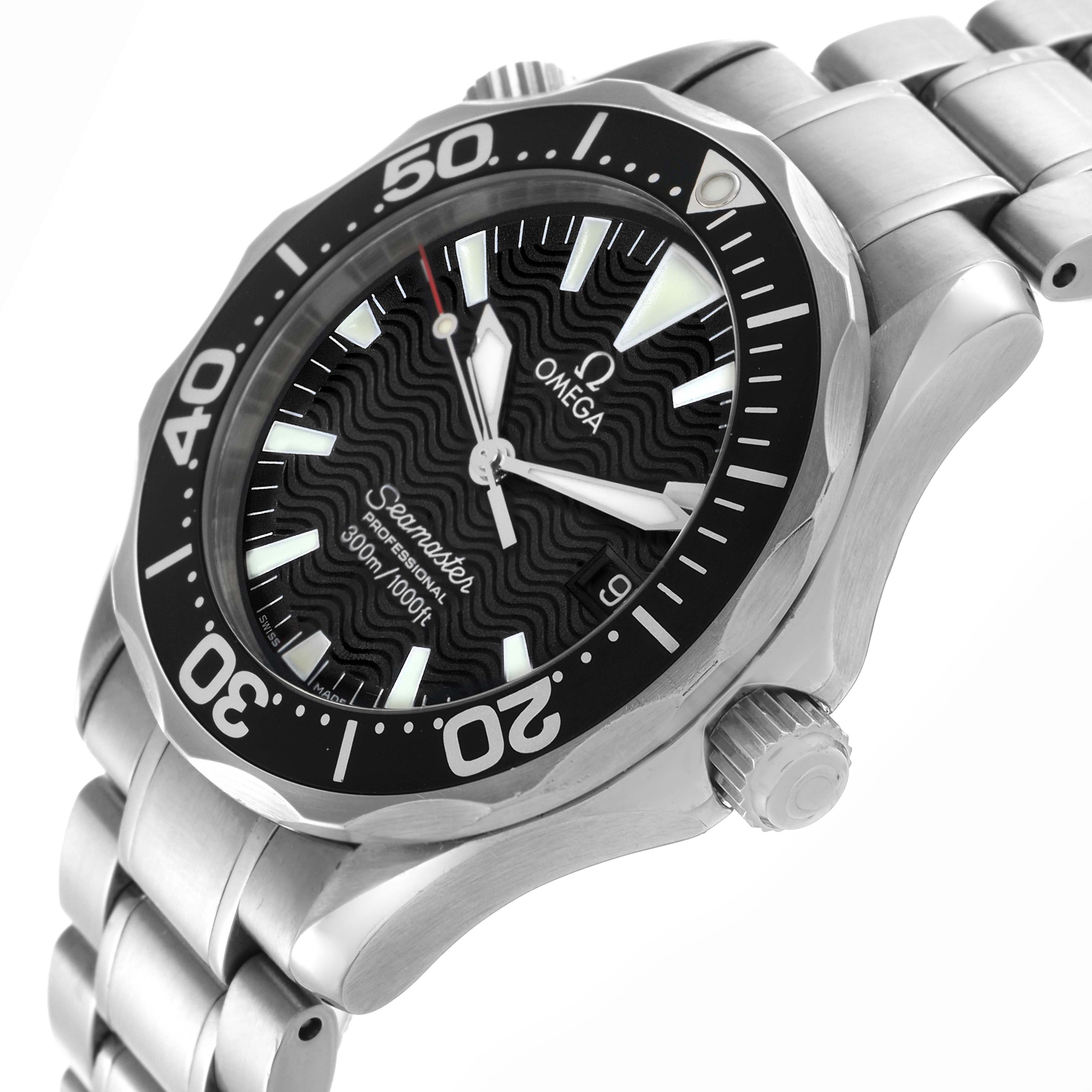 The Omega Seamaster 2262.50.00 Men
s Stainless Steel Black Dial 2262.50.00 Men
s Stainless Steel Black Dial watch is shown at a three-quarter angle, highlighting the dial, crown, and part of the bracelet.