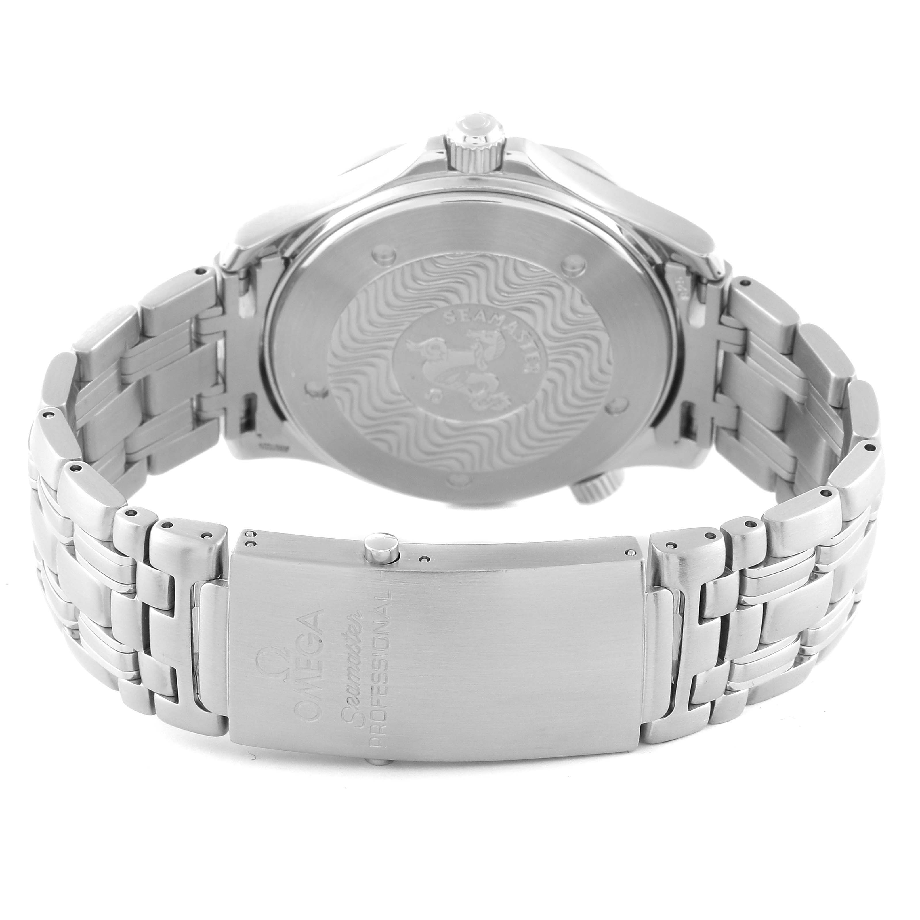 The image shows the backside of an Omega Seamaster 2531.80.00 Men
s Stainless Steel Blue Dial 2531.80.00 Men
s Stainless Steel Blue Dial watch, focusing on the case back and stainless steel bracelet with a deployed clasp.