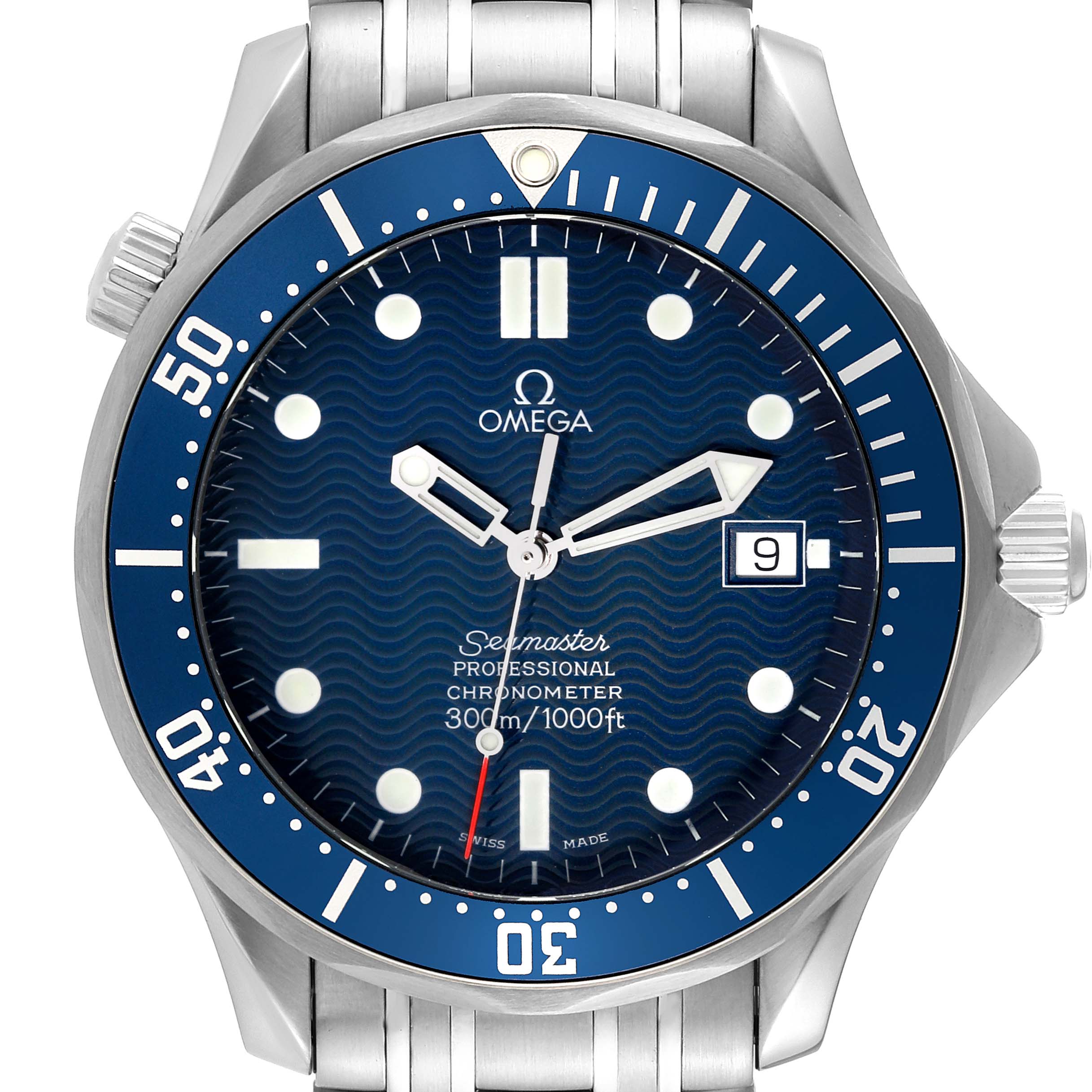 The image shows a front view of the Omega Seamaster 2531.80.00 Men
s Stainless Steel Blue Dial 2531.80.00 Men
s Stainless Steel Blue Dial watch, highlighting the dial, bezel, and part of the bracelet.