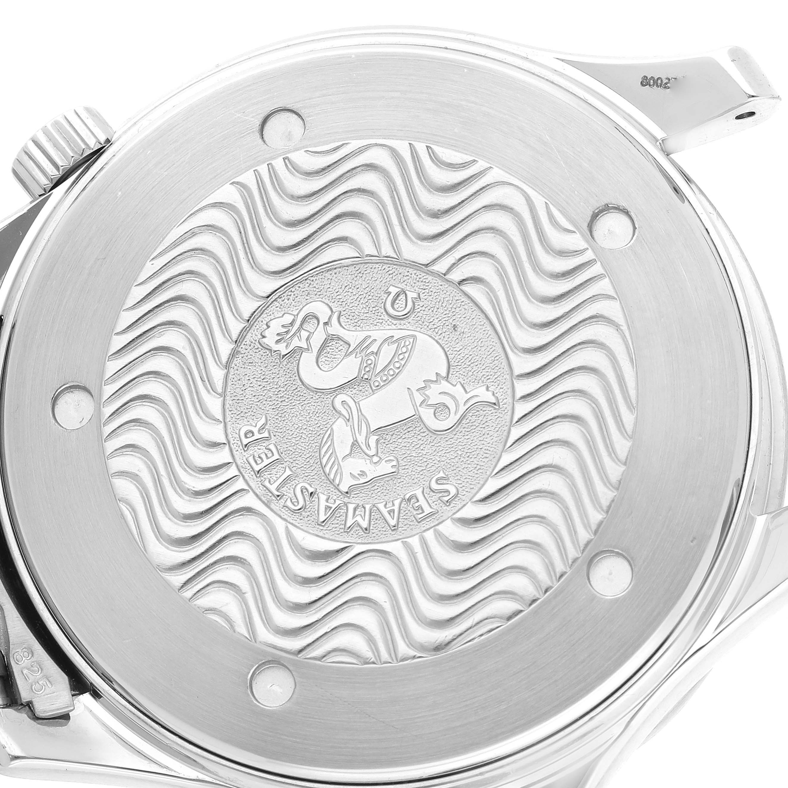 The image shows the case back of an Omega Seamaster 2531.80.00 Men
s Stainless Steel Blue Dial 2531.80.00 Men
s Stainless Steel Blue Dial watch, highlighting its engraved logo and wave pattern.