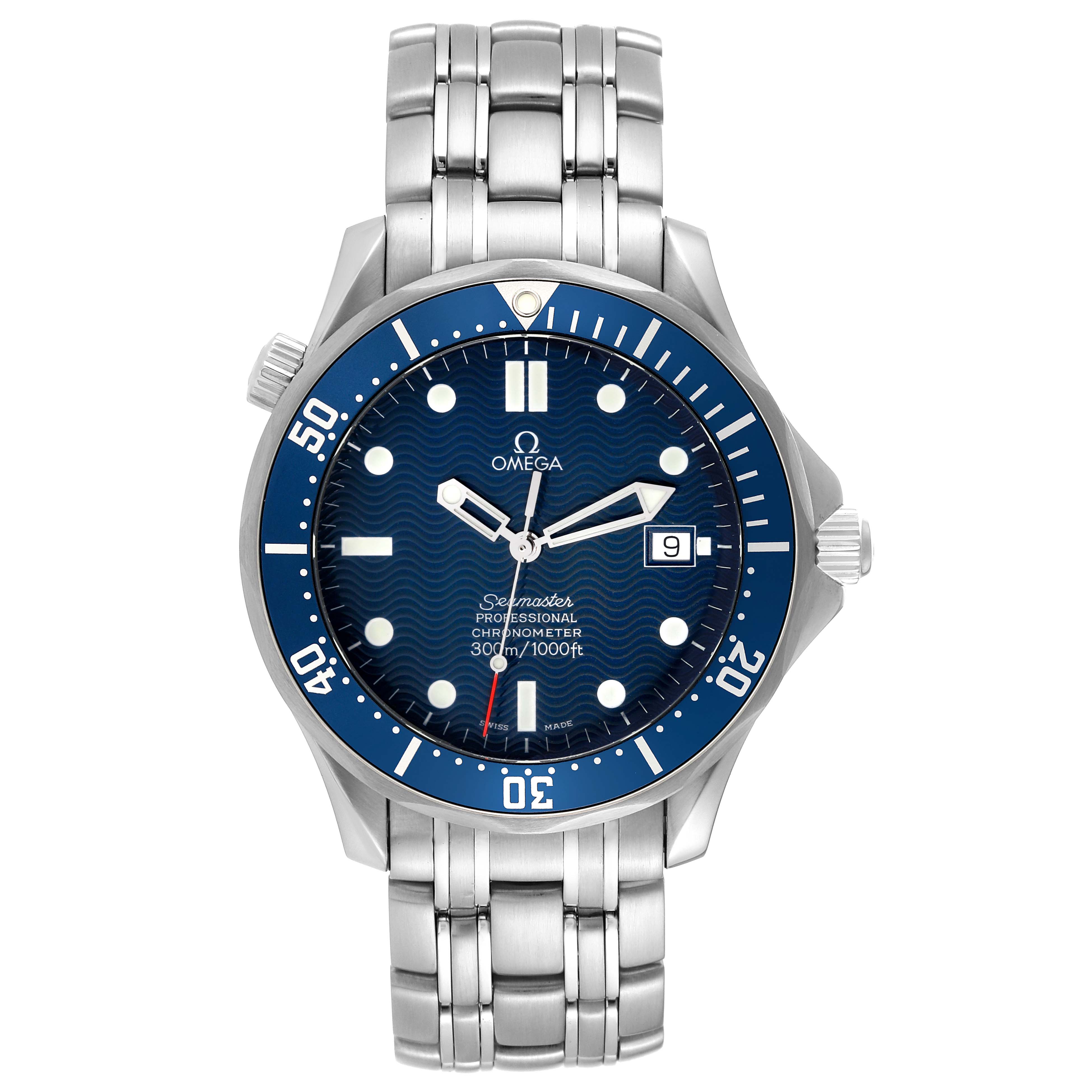 The image shows a front view of an Omega Seamaster 2531.80.00 Men
s Stainless Steel Blue Dial 2531.80.00 Men
s Stainless Steel Blue Dial watch featuring its dial, bezel, bracelet, and crown.