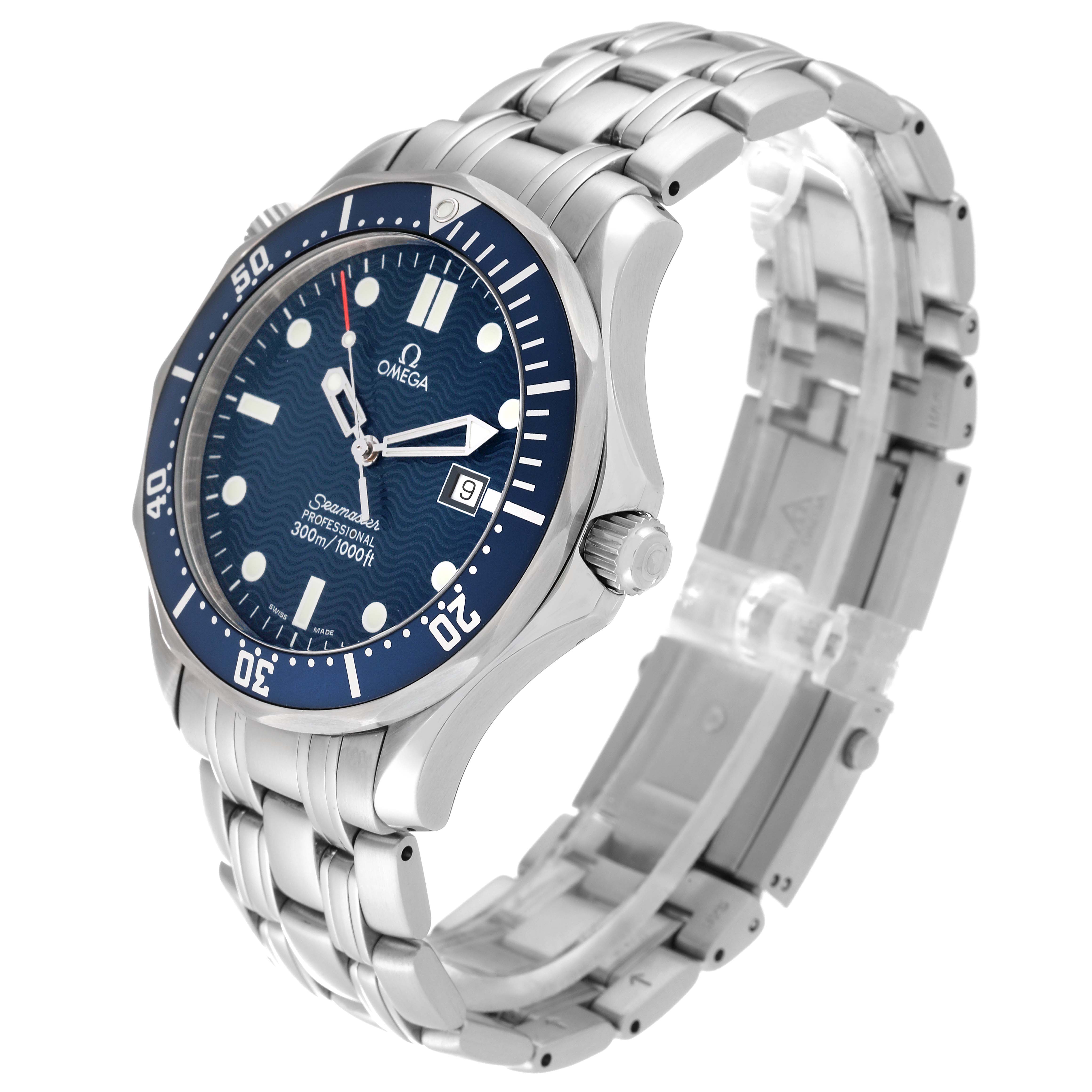 The image shows a side angle of an Omega Seamaster 2541.80.00 Men's Stainless Steel Blue Dial 2541.80.00 Men's Stainless Steel Blue Dial watch, featuring its blue dial, bezel, stainless steel bracelet, and clasp.