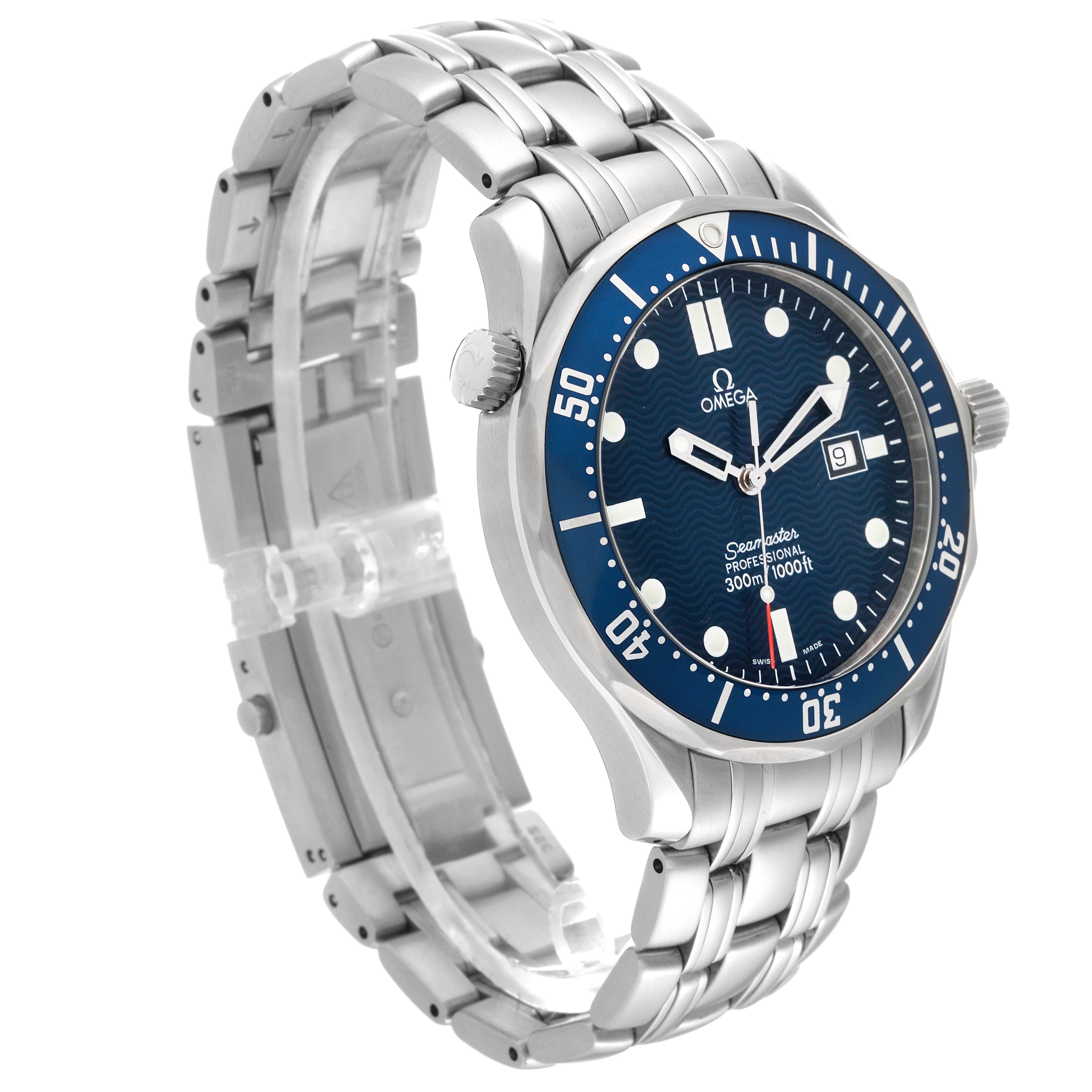 This image shows an Omega Seamaster 2541.80.00 Men's Stainless Steel Blue Dial 2541.80.00 Men's Stainless Steel Blue Dial model from an angled front view, highlighting the dial, bezel, crown, and stainless steel bracelet.