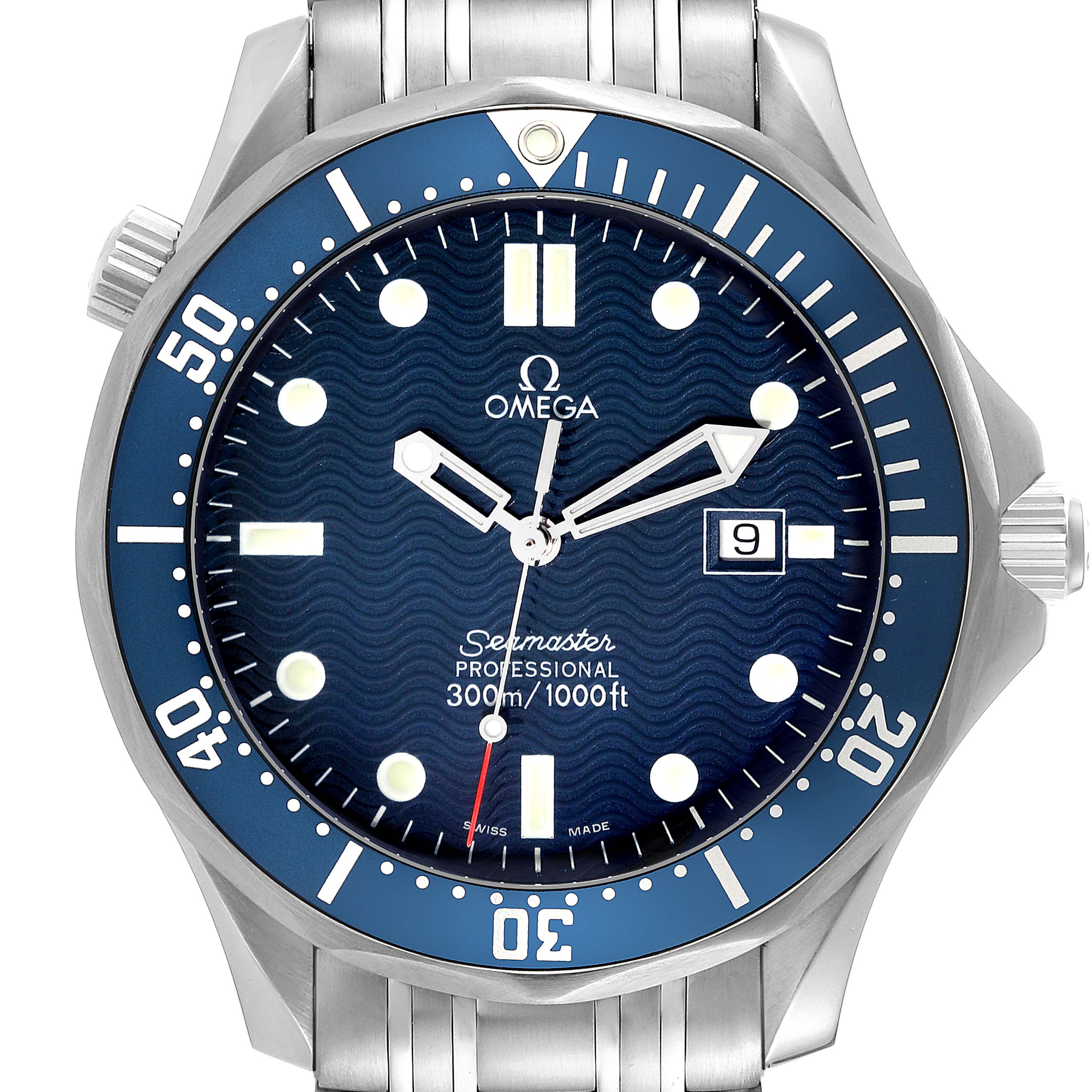 The image shows a frontal close-up of the Omega Seamaster 2541.80.00 Men's Stainless Steel Blue Dial 2541.80.00 Men's Stainless Steel Blue Dial watch, highlighting the face, bezel, and part of the bracelet.