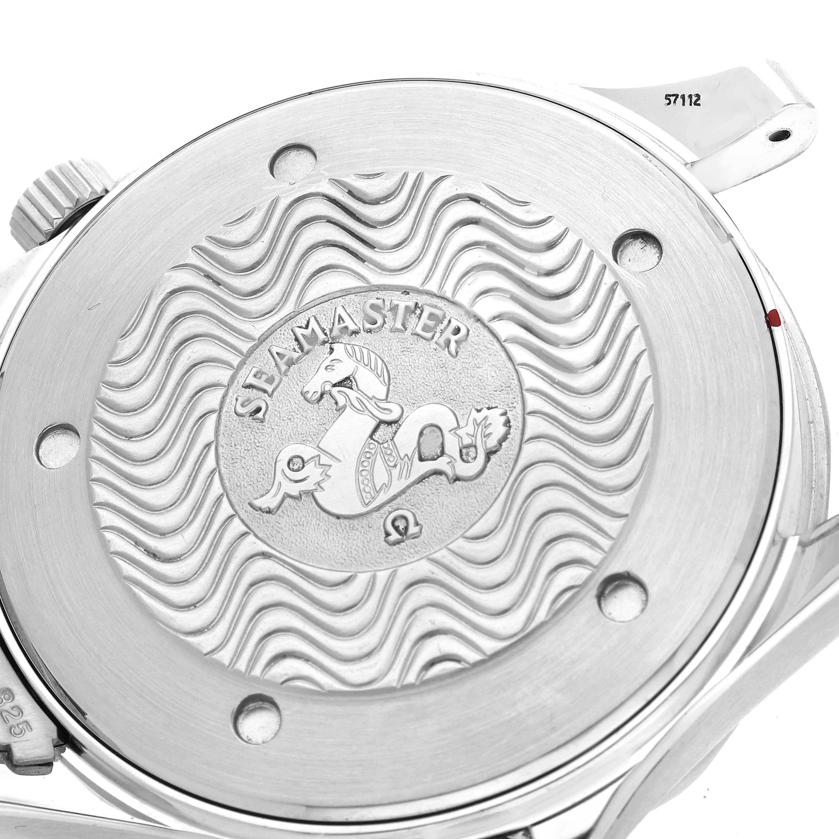 The image shows the back case of the Omega Seamaster 2541.80.00 Men's Stainless Steel Blue Dial 2541.80.00 Men's Stainless Steel Blue Dial watch, displaying the engraved logo and wave pattern.