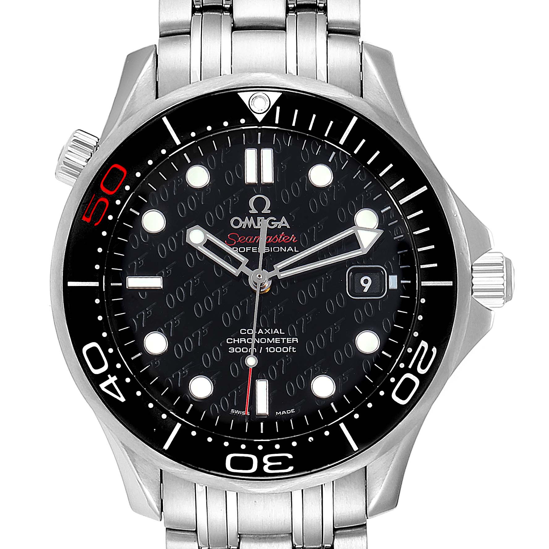 The image shows a front view of the Omega Seamaster 212.30.41.20.01.005 Men
s Stainless Steel Black Dial 212.30.41.20.01.005 Men
s Stainless Steel Black Dial watch, displaying its dial, bezel, and part of the metal bracelet.