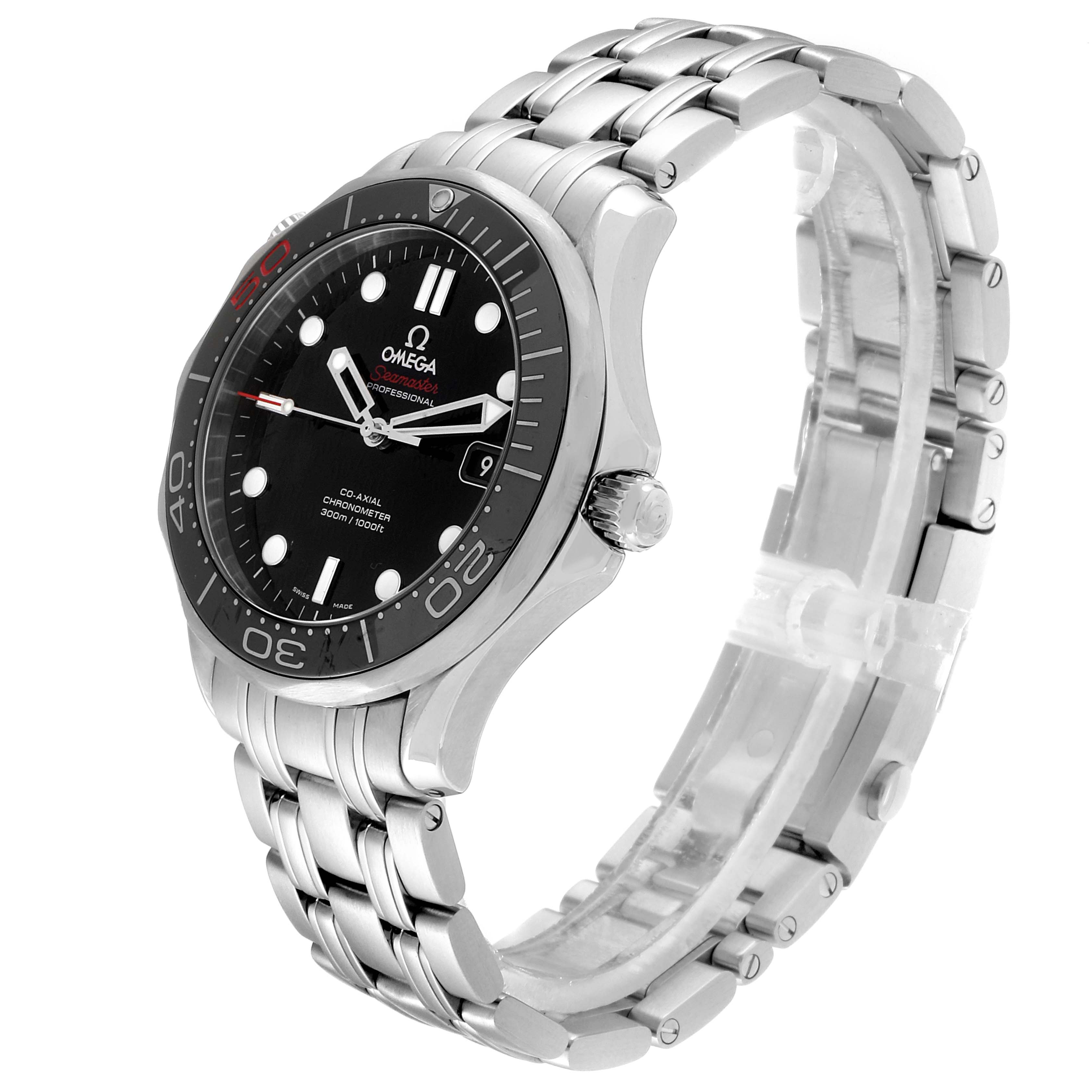 The image shows a side angle of the Omega Seamaster 212.30.41.20.01.005 Men
s Stainless Steel Black Dial 212.30.41.20.01.005 Men
s Stainless Steel Black Dial watch, highlighting its face, bezel, crown, and metal bracelet.