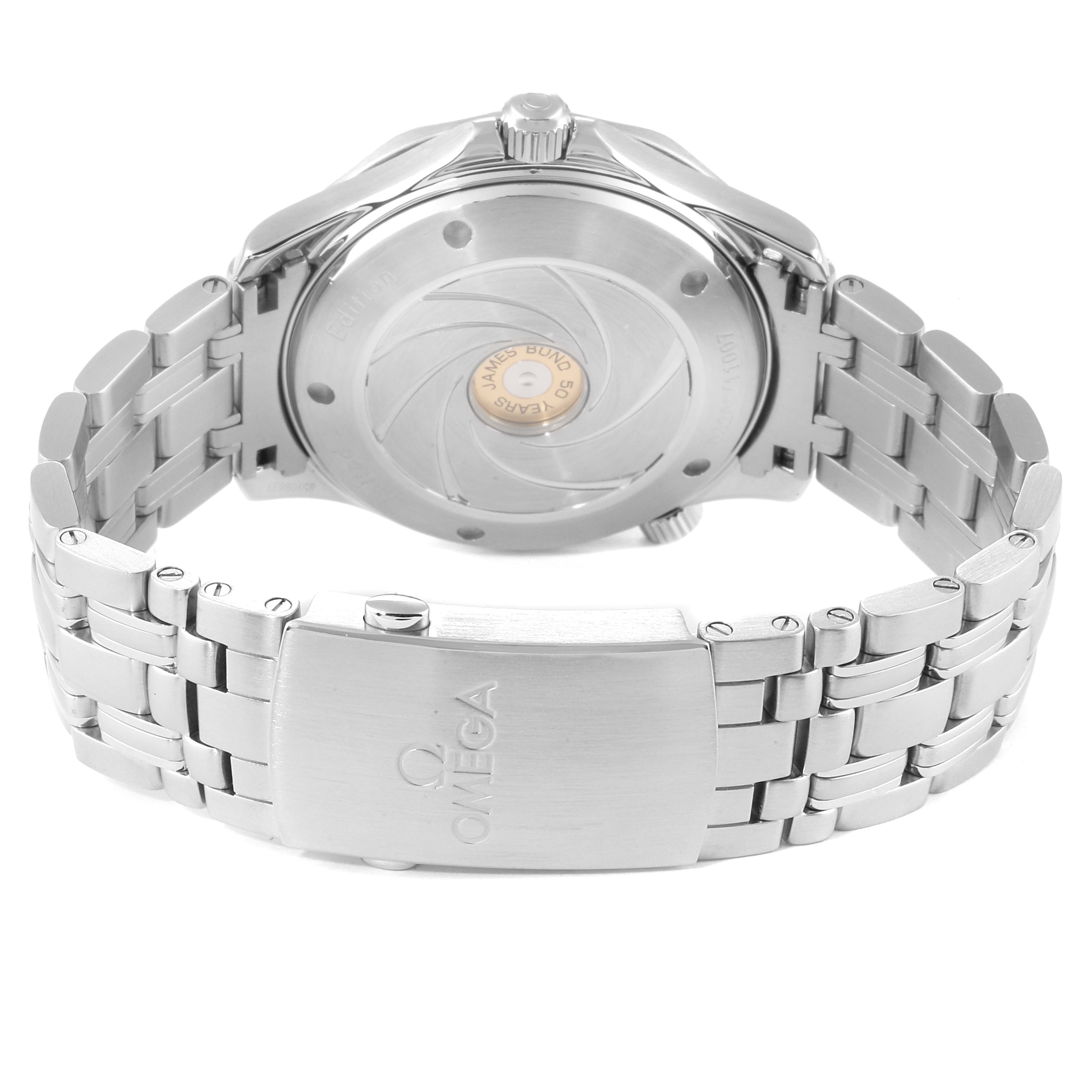 The image shows the back of the Omega Seamaster 212.30.41.20.01.005 Men
s Stainless Steel Black Dial 212.30.41.20.01.005 Men
s Stainless Steel Black Dial watch, highlighting the case back and stainless steel bracelet with the Omega logo on the clasp.