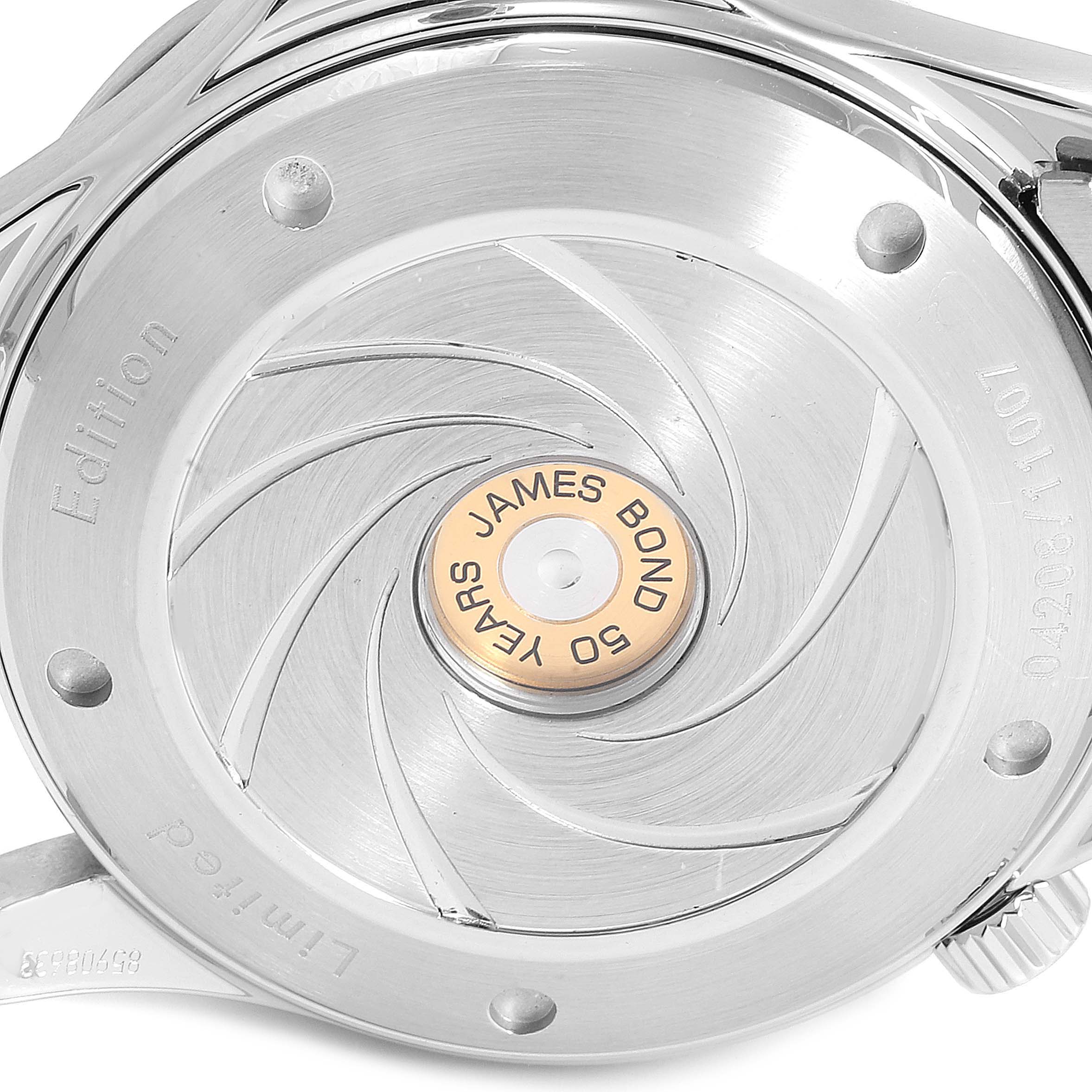 The image shows the case back of an Omega Seamaster 212.30.41.20.01.005 Men
s Stainless Steel Black Dial 212.30.41.20.01.005 Men
s Stainless Steel Black Dial watch, commemorating 50 years of James Bond.