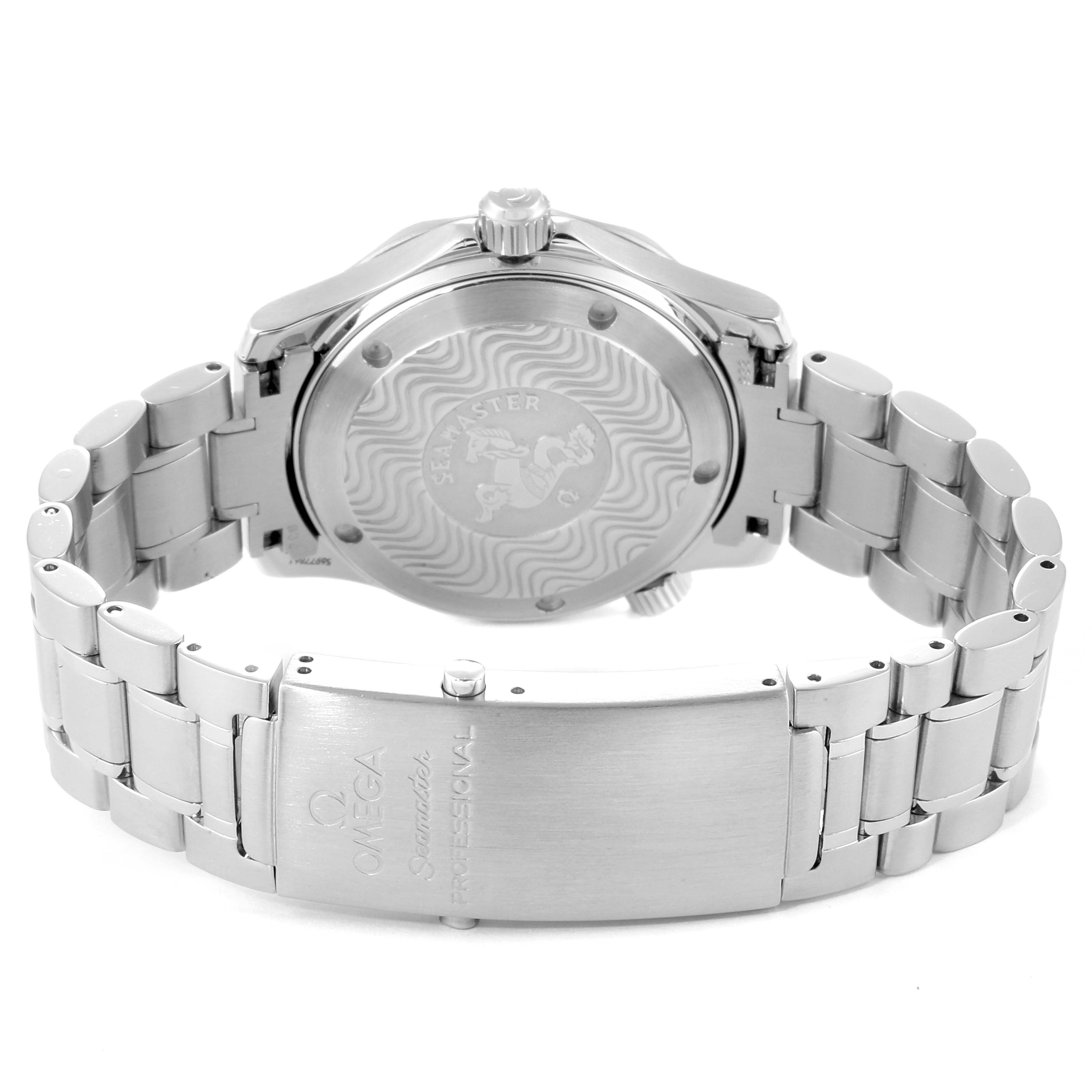 The image shows the back case, crown, and the clasp of the bracelet of an Omega Seamaster 2262.50.00 Men
s Stainless Steel Black Dial 2262.50.00 Men
s Stainless Steel Black Dial watch.