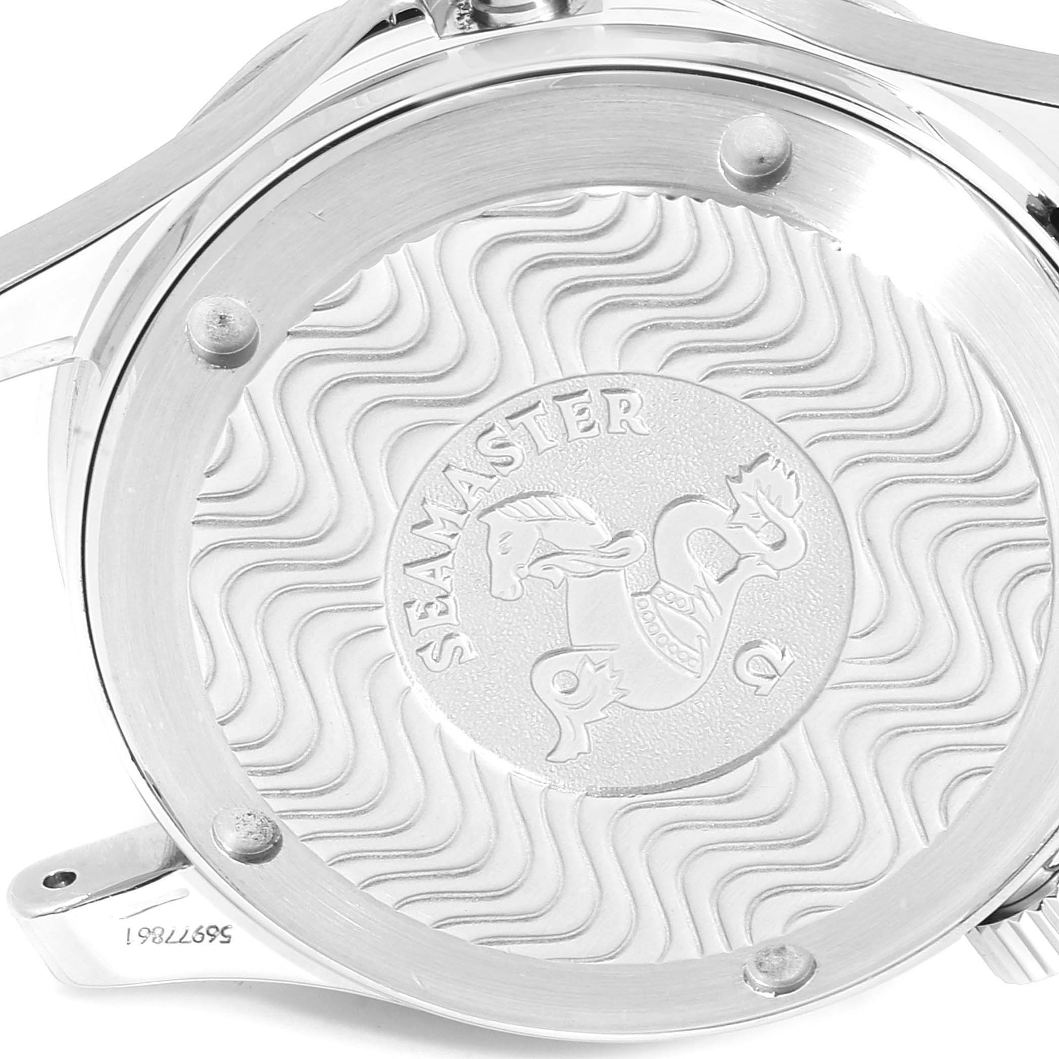 This image shows the engraved case back of an Omega Seamaster 2262.50.00 Men
s Stainless Steel Black Dial 2262.50.00 Men
s Stainless Steel Black Dial watch.