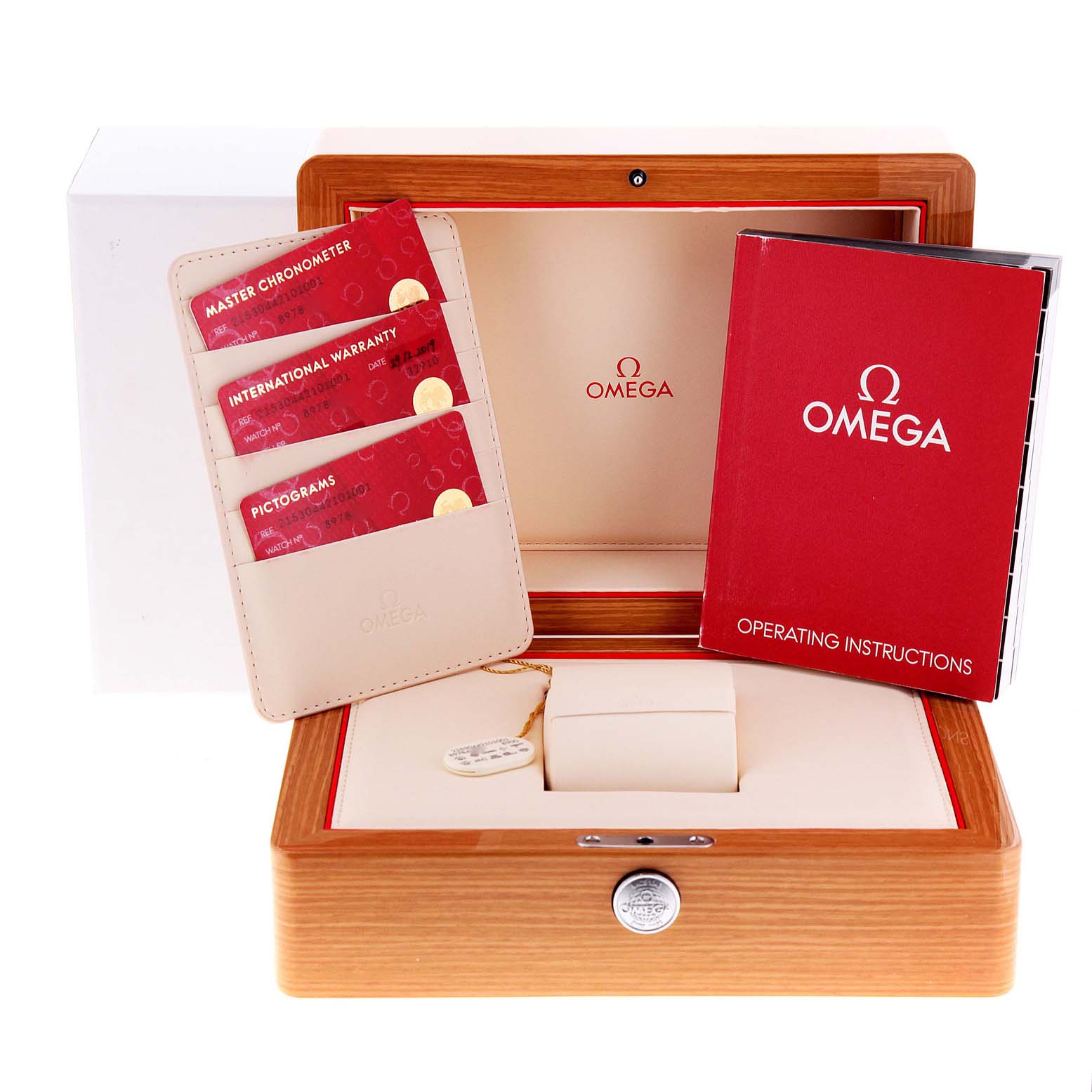 This image shows the packaging and accessories for the Omega Planet Ocean 215.30.44.21.01.001 Men's Stainless Steel Black Dial 215.30.44.21.01.001 Men's Stainless Steel Black Dial model, including the box, manuals, and warranty cards.