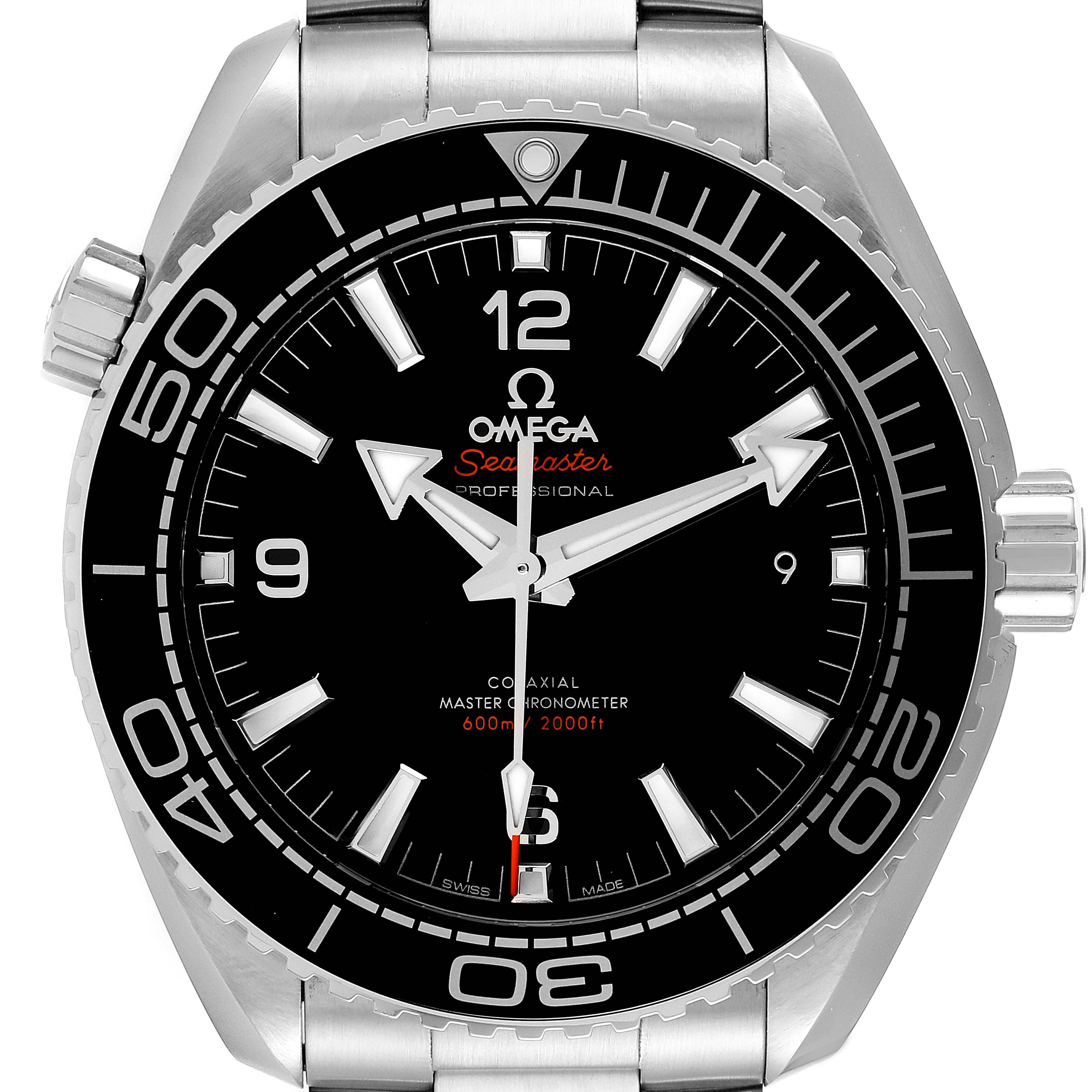 Frontal view of the Omega Planet Ocean 215.30.44.21.01.001 Men's Stainless Steel Black Dial 215.30.44.21.01.001 Men's Stainless Steel Black Dial Seamaster watch, showing the dial, bezel, and part of the stainless steel band.