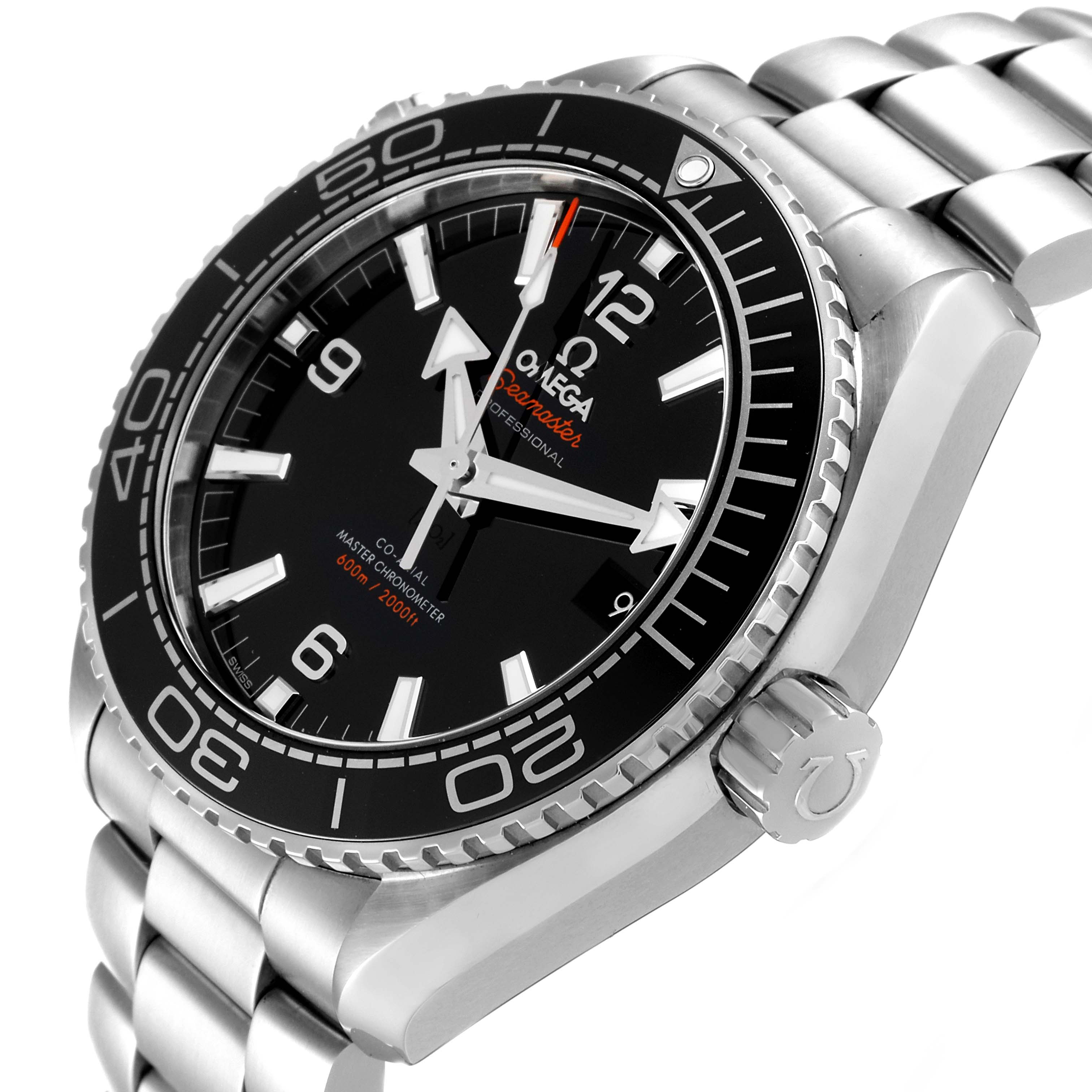The image shows the Omega Planet Ocean 215.30.44.21.01.001 Men's Stainless Steel Black Dial 215.30.44.21.01.001 Men's Stainless Steel Black Dial watch at an angled view highlighting the bezel, dial, crown, and part of the bracelet.