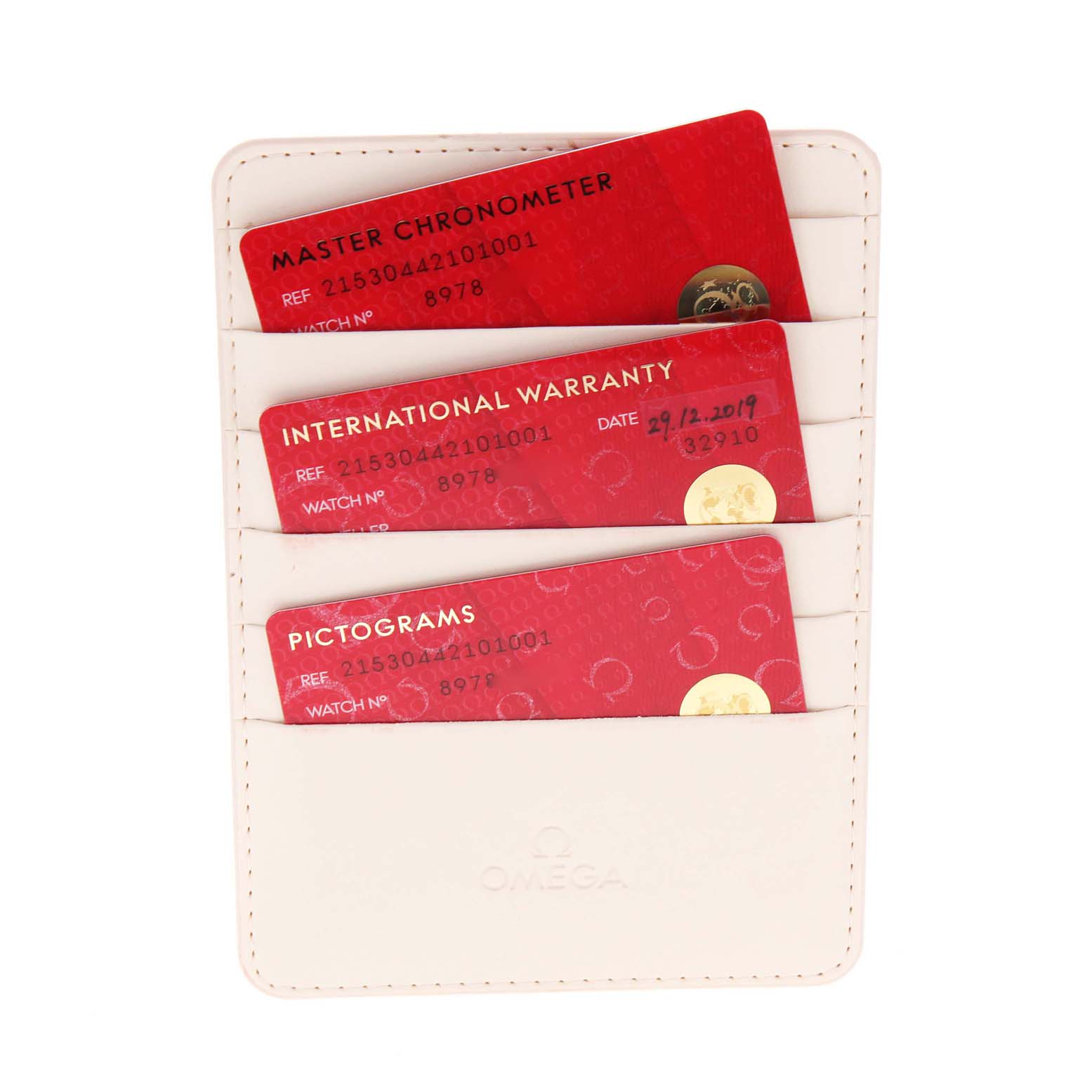 The image shows an Omega Planet Ocean 215.30.44.21.01.001 Men's Stainless Steel Black Dial 215.30.44.21.01.001 Men's Stainless Steel Black Dial model's warranty cards in a white cardholder.