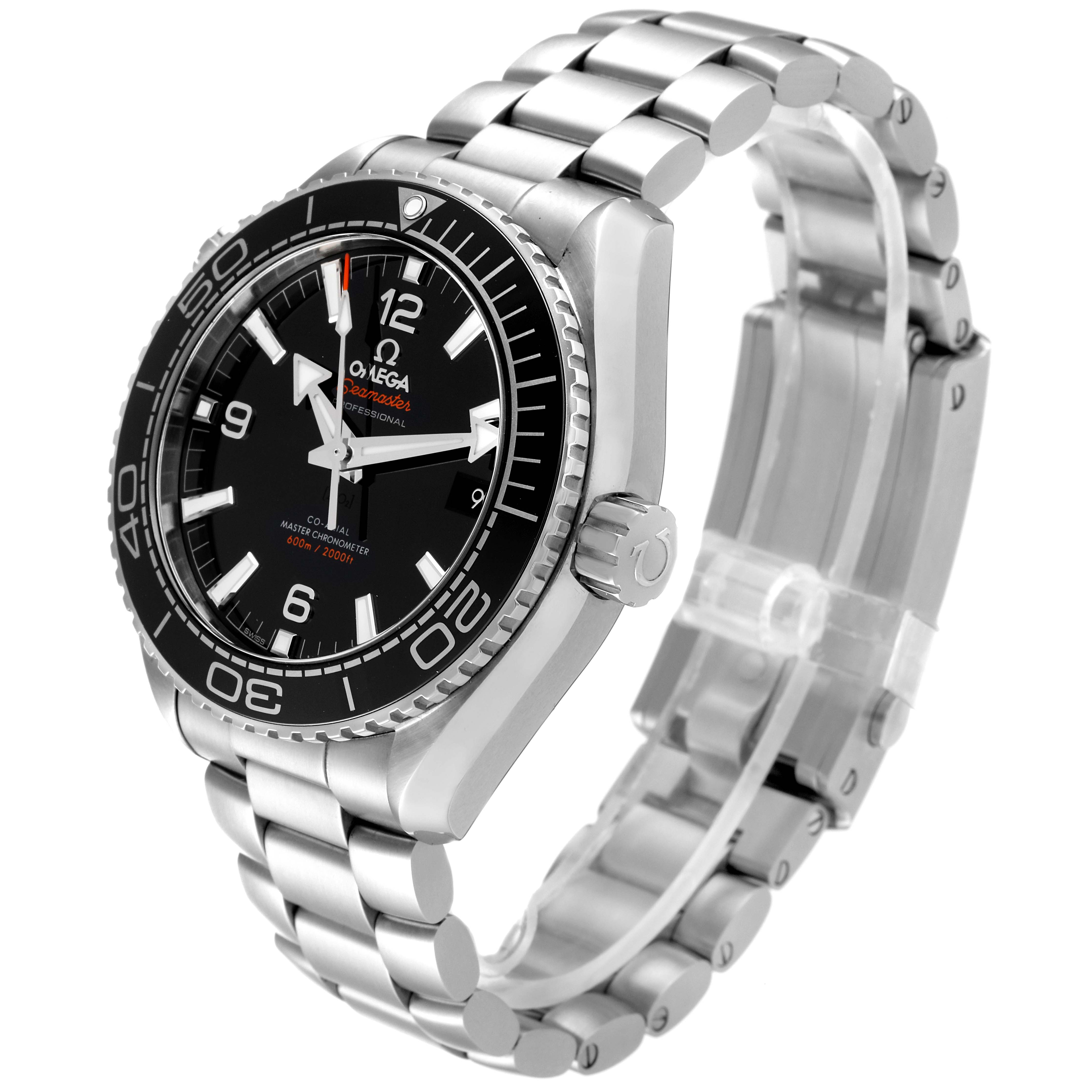 The image shows an Omega Planet Ocean 215.30.44.21.01.001 Men's Stainless Steel Black Dial 215.30.44.21.01.001 Men's Stainless Steel Black Dial watch at an angle highlighting the dial, bezel, crown, and stainless steel bracelet.