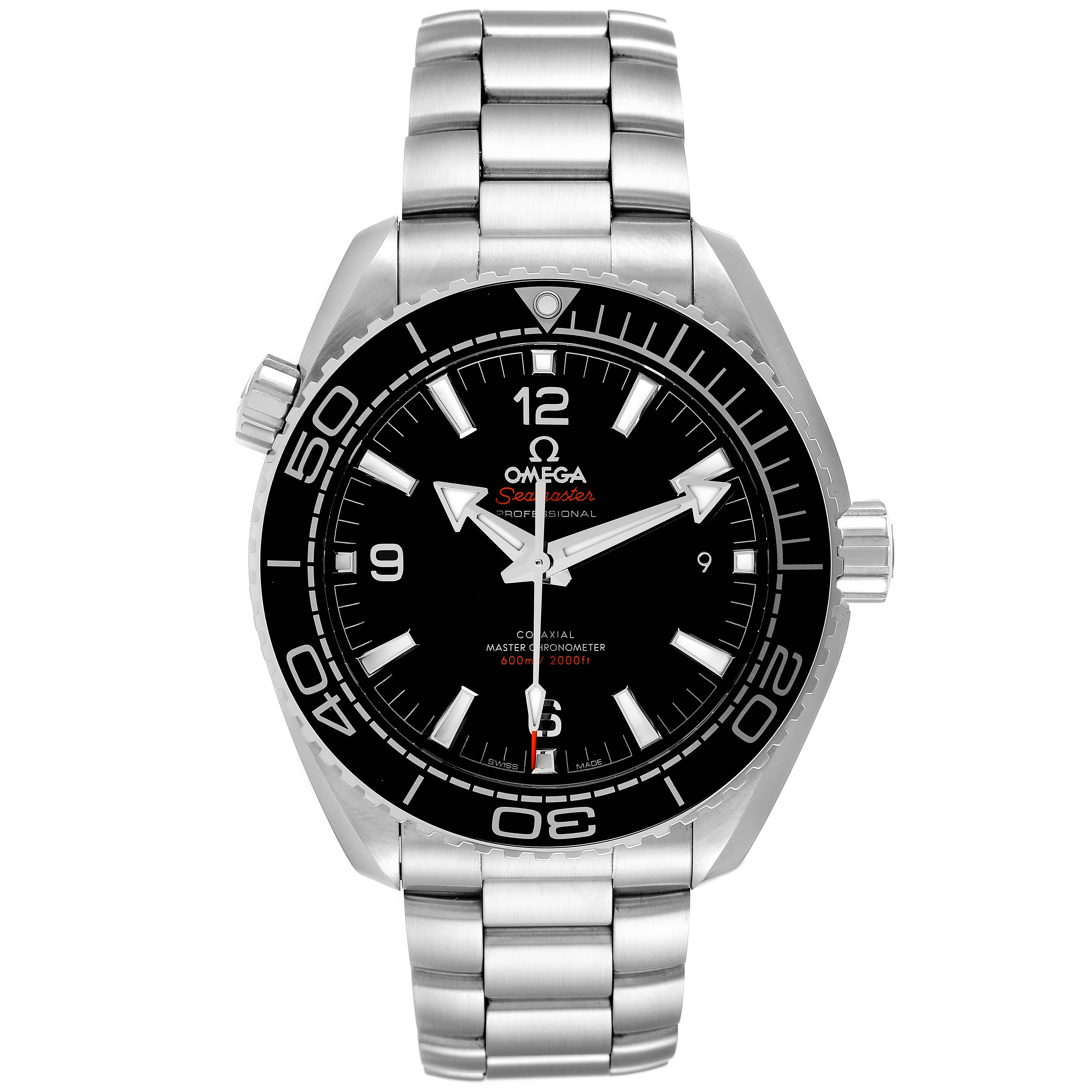 The image shows a front view of the Omega Planet Ocean 215.30.44.21.01.001 Men's Stainless Steel Black Dial 215.30.44.21.01.001 Men's Stainless Steel Black Dial watch, including the face, bezel, and metal bracelet.