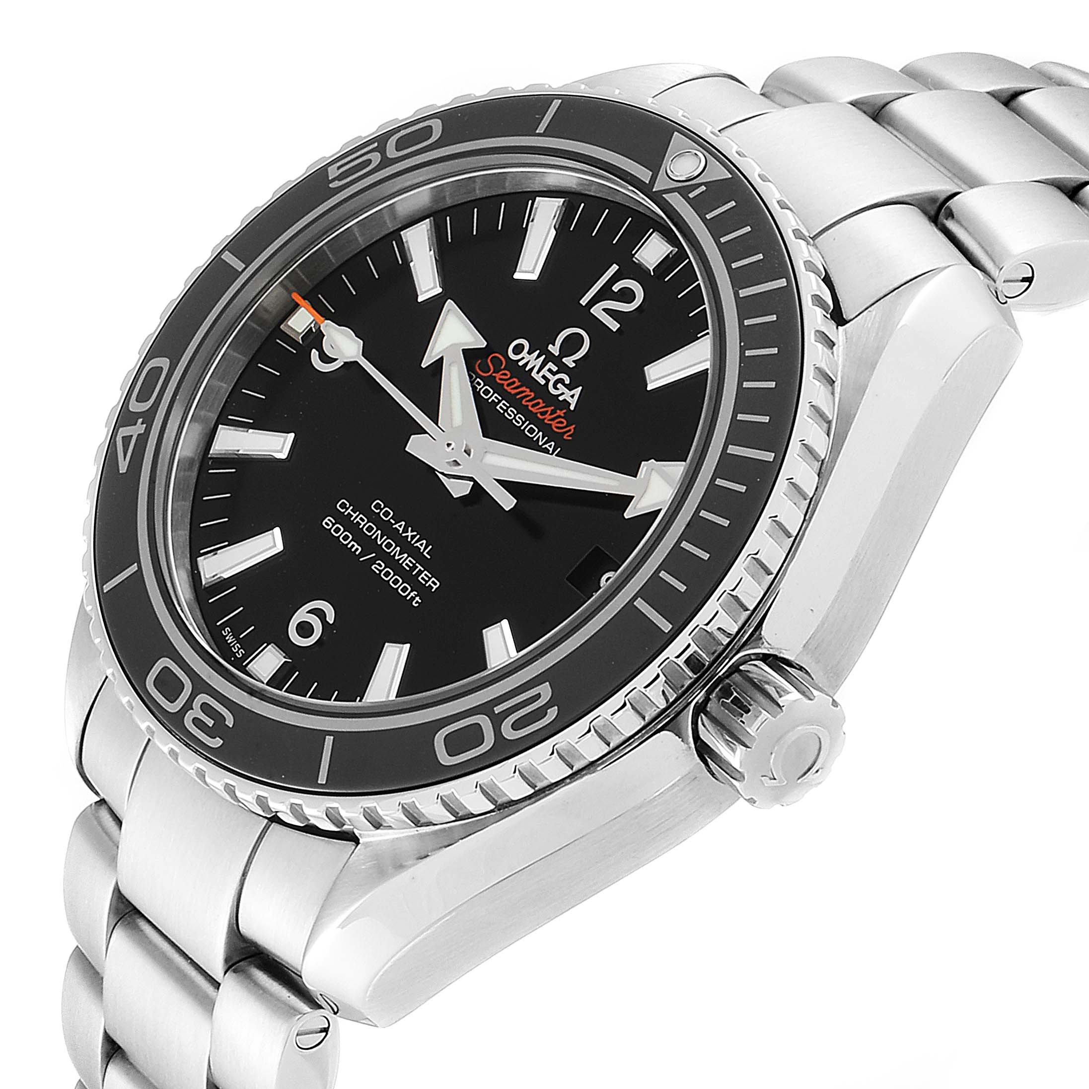 The image shows a side angle of the Omega Planet Ocean 232.30.42.21.01.001 Men
s Stainless Steel Black Dial 232.30.42.21.01.001 Men
s Stainless Steel Black Dial watch, highlighting the dial, bezel, crown, and part of the bracelet.