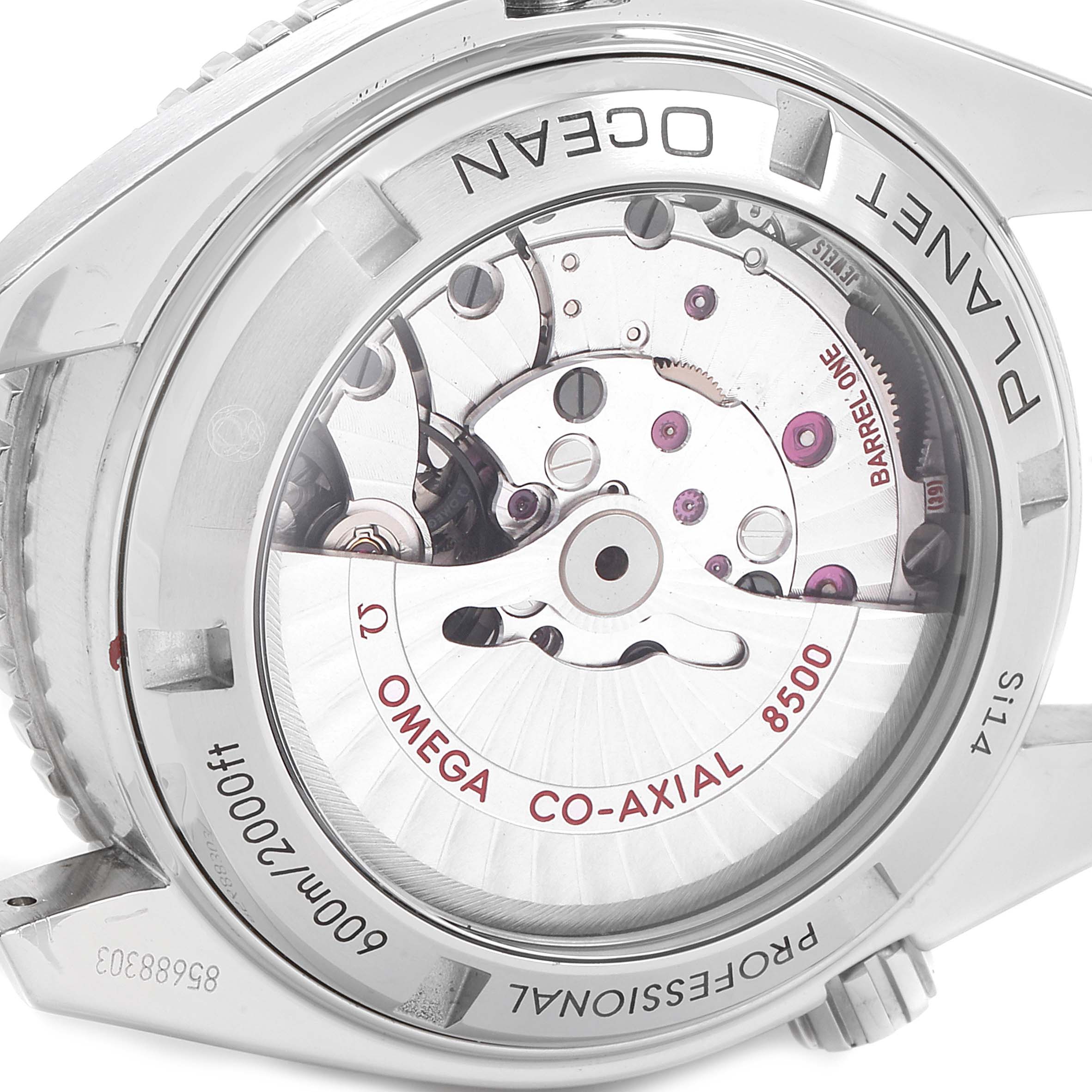 The image shows a close-up view of the movement and case back of an Omega Planet Ocean 232.30.42.21.01.001 Men
s Stainless Steel Black Dial 232.30.42.21.01.001 Men
s Stainless Steel Black Dial watch.