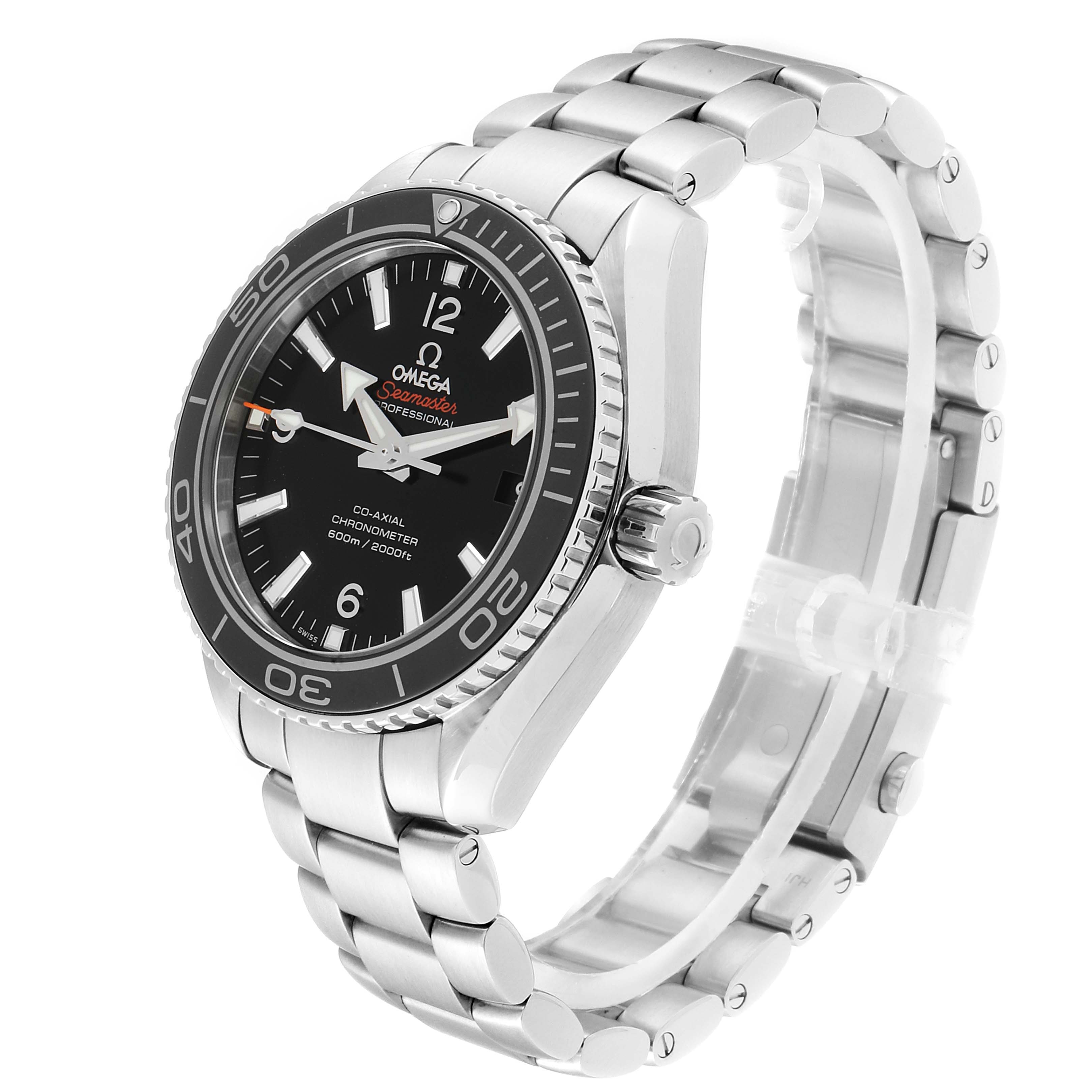 The Omega Planet Ocean 232.30.42.21.01.001 Men
s Stainless Steel Black Dial 232.30.42.21.01.001 Men
s Stainless Steel Black Dial watch is shown at a three-quarter angle, highlighting the dial, bezel, crown, and metal bracelet.