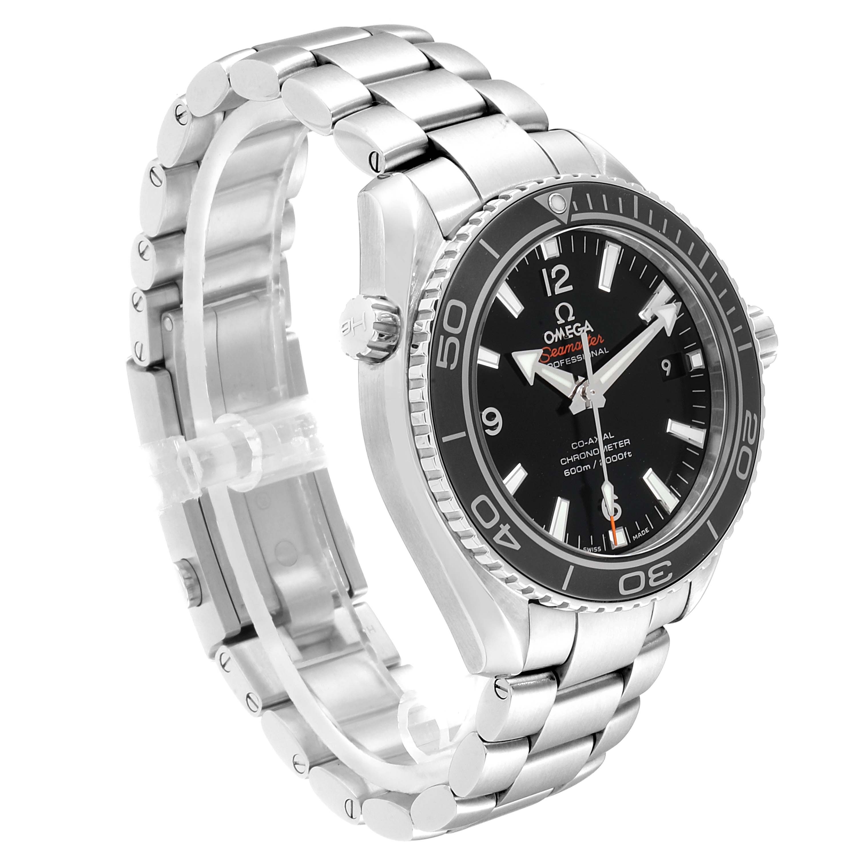 The image shows an Omega Planet Ocean 232.30.42.21.01.001 Men
s Stainless Steel Black Dial 232.30.42.21.01.001 Men
s Stainless Steel Black Dial watch at a three-quarter angle, highlighting the dial, bezel, crown, and metal bracelet.