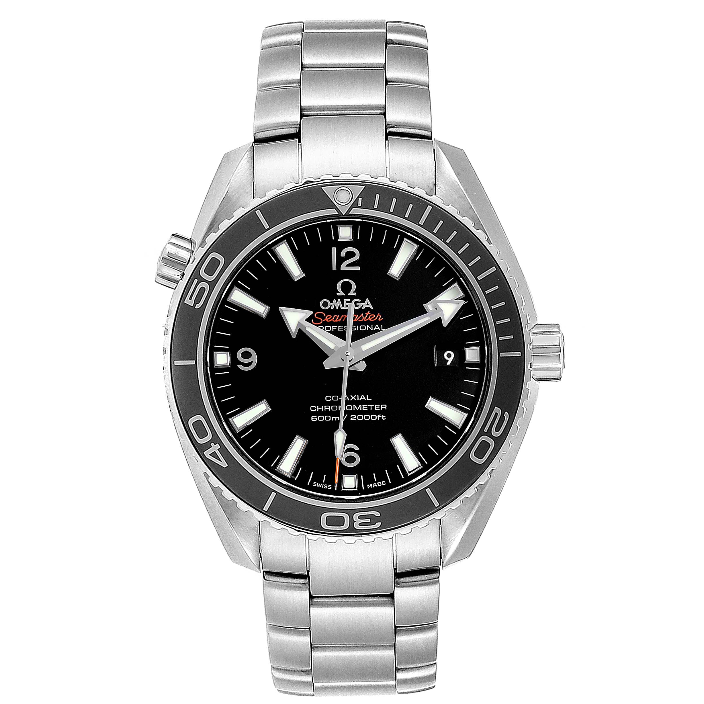 The Omega Planet Ocean 232.30.42.21.01.001 Men
s Stainless Steel Black Dial 232.30.42.21.01.001 Men
s Stainless Steel Black Dial watch is shown in a front angle, highlighting its black dial, stainless steel case, and bracelet.