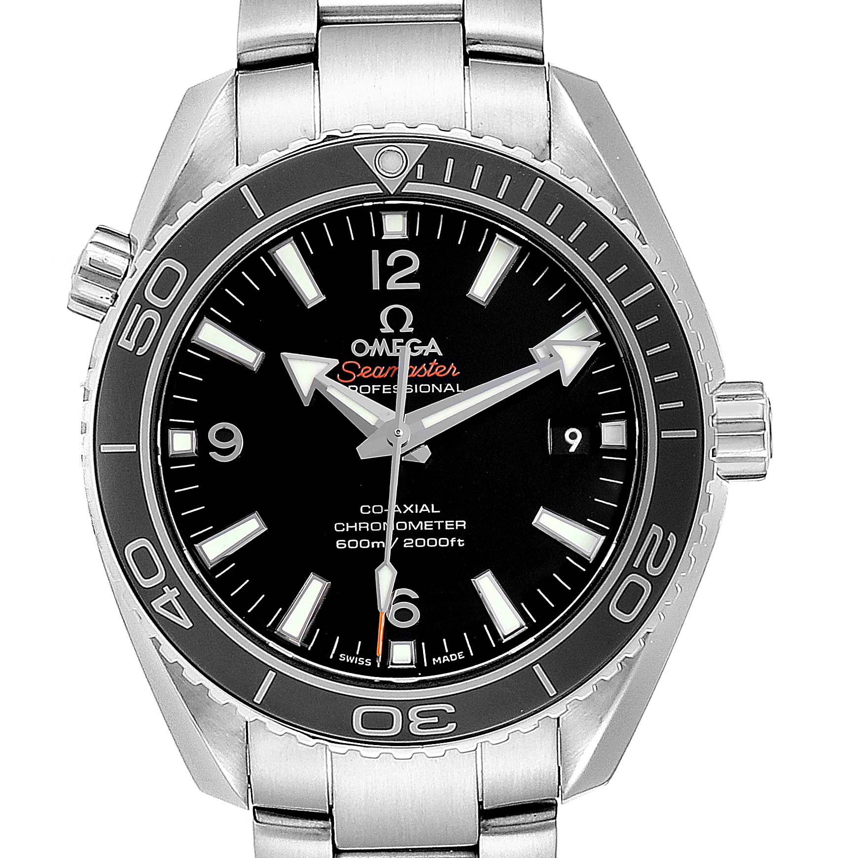 The Omega Planet Ocean 232.30.42.21.01.001 Men
s Stainless Steel Black Dial 232.30.42.21.01.001 Men
s Stainless Steel Black Dial model is shown from the front, displaying the face, bezel, and part of the bracelet.