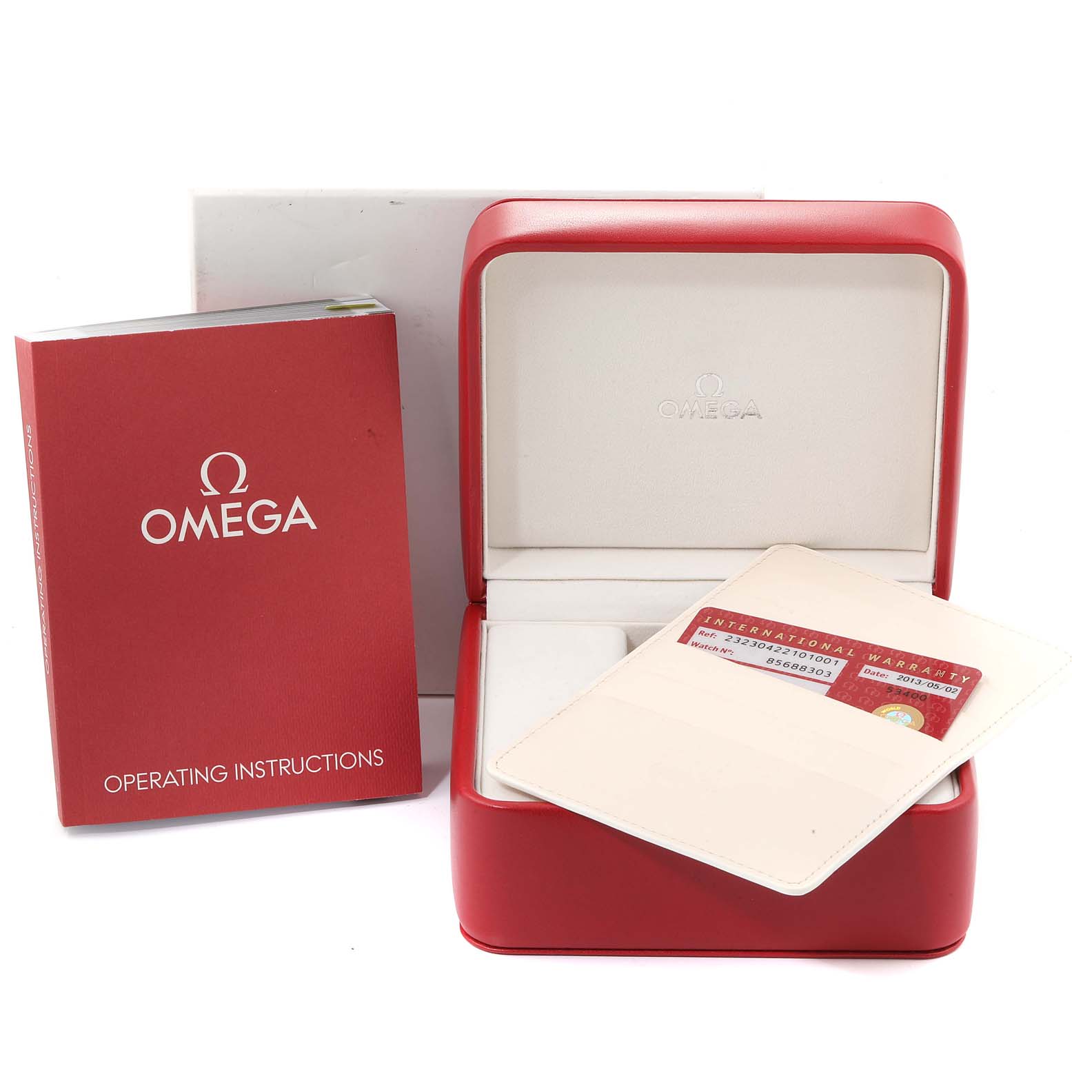 This image shows an Omega Planet Ocean 232.30.42.21.01.001 Men
s Stainless Steel Black Dial 232.30.42.21.01.001 Men
s Stainless Steel Black Dial watch box with an operating instructions booklet and an international warranty card.