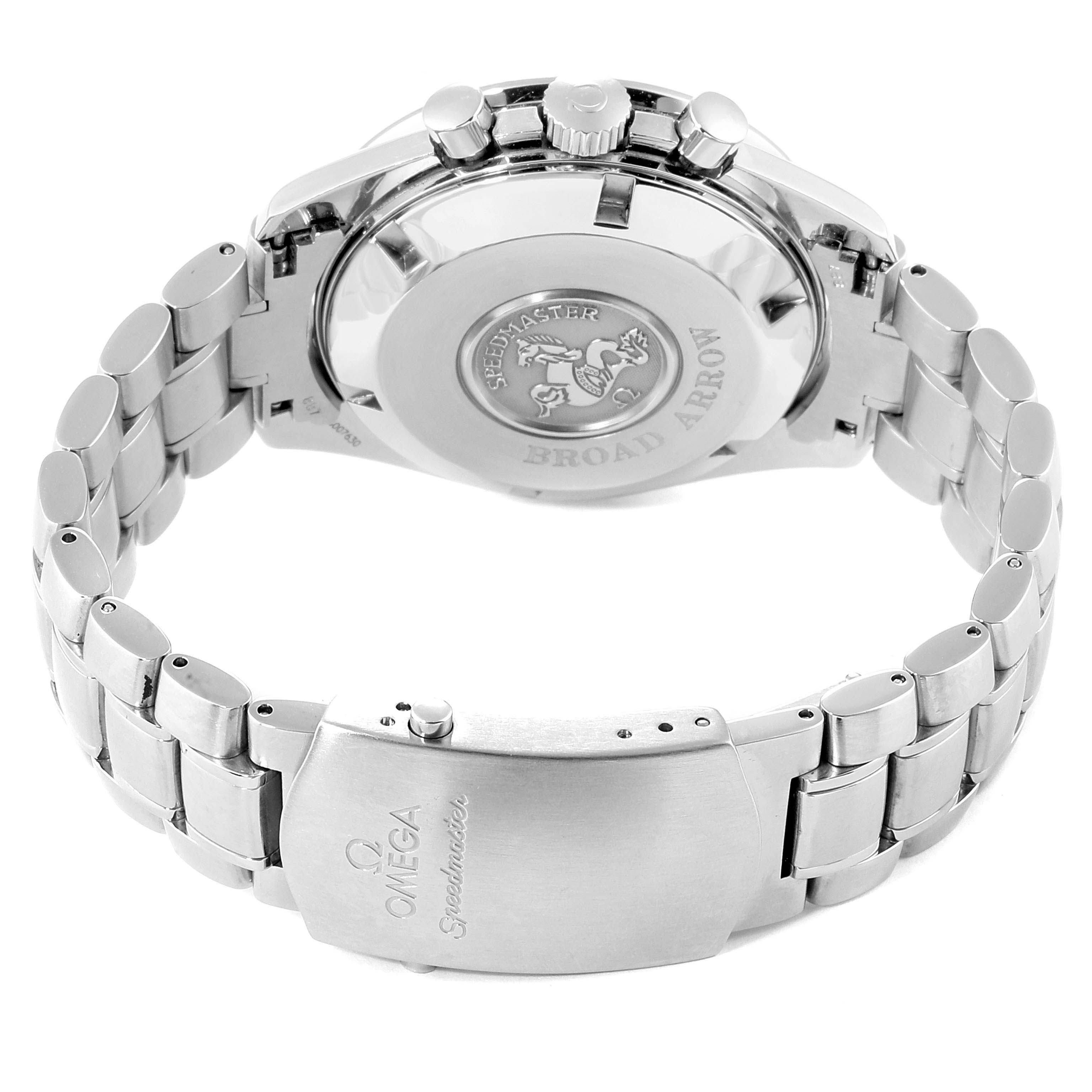 The image shows the back case and clasp of an Omega Speedmaster 3551.20.00 Men's Stainless Steel White Dial 3551.20.00 Men's Stainless Steel White Dial watch, displaying the logo and model name.
