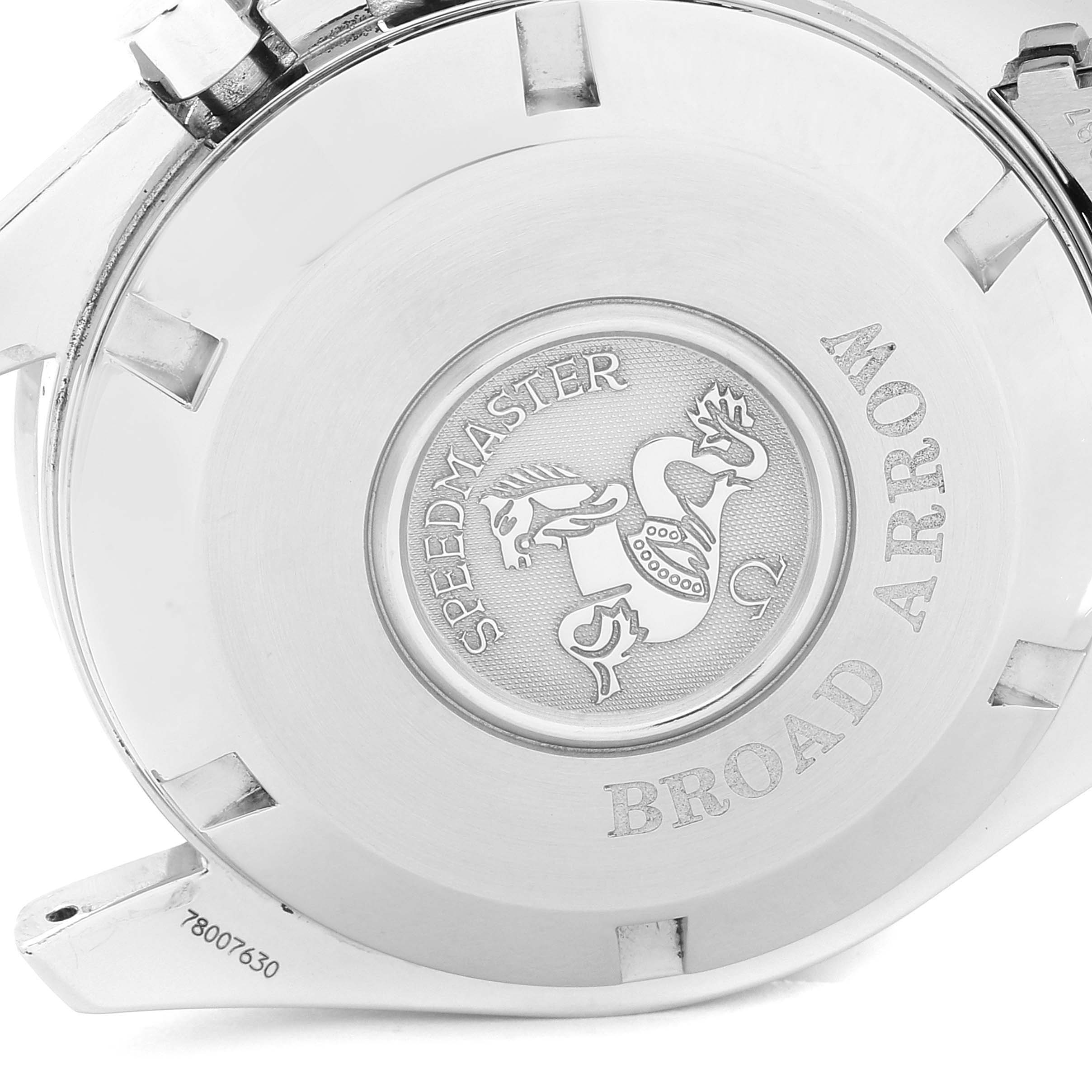 The image shows the case back of an Omega Speedmaster 3551.20.00 Men's Stainless Steel White Dial 3551.20.00 Men's Stainless Steel White Dial Broad Arrow model.