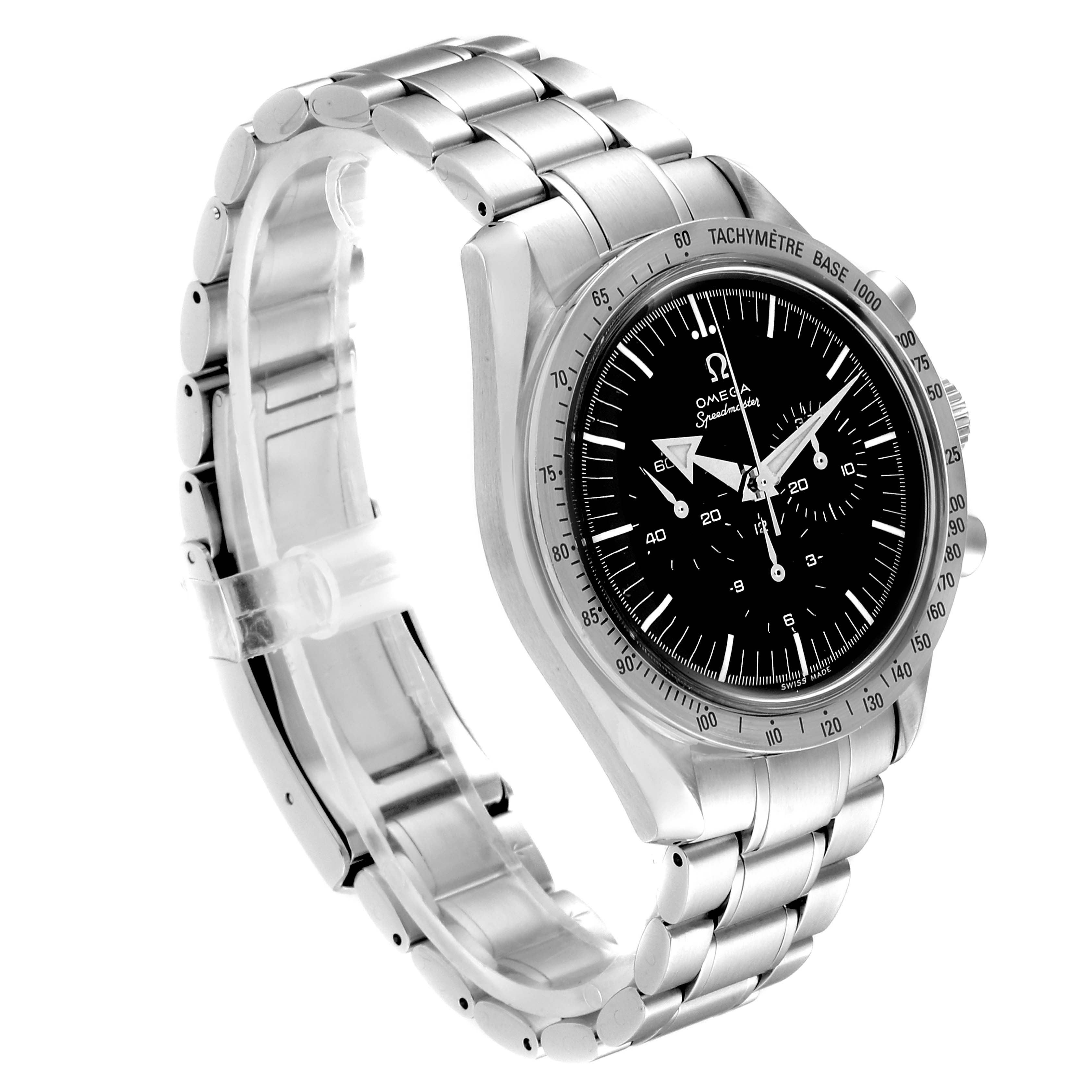 The Omega Speedmaster 3594.50.00 Men
s Stainless Steel Black Dial 3594.50.00 Men
s Stainless Steel Black Dial watch is shown from a slightly elevated angle, displaying the face, dial, bezel, and metal bracelet.