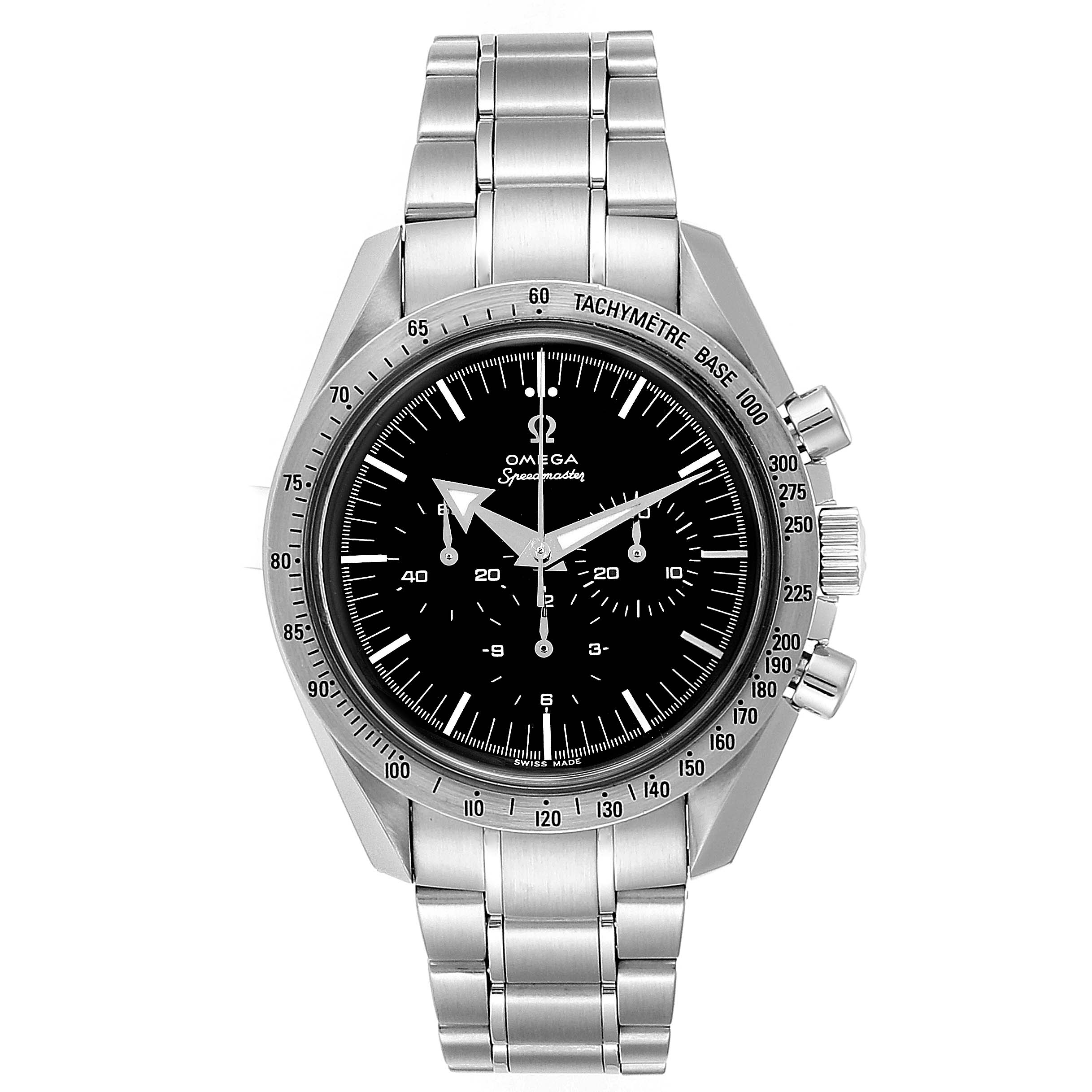 The image shows a front view of the Omega Speedmaster 3594.50.00 Men
s Stainless Steel Black Dial 3594.50.00 Men
s Stainless Steel Black Dial watch, displaying the dial, bezel, and stainless steel bracelet.